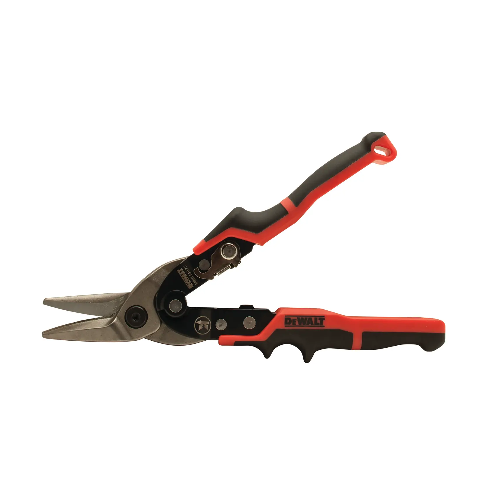 Tijeras de aviación DEWALT con mango ergonómico negro y rojo, hojas abiertas sobre fondo blanco.
