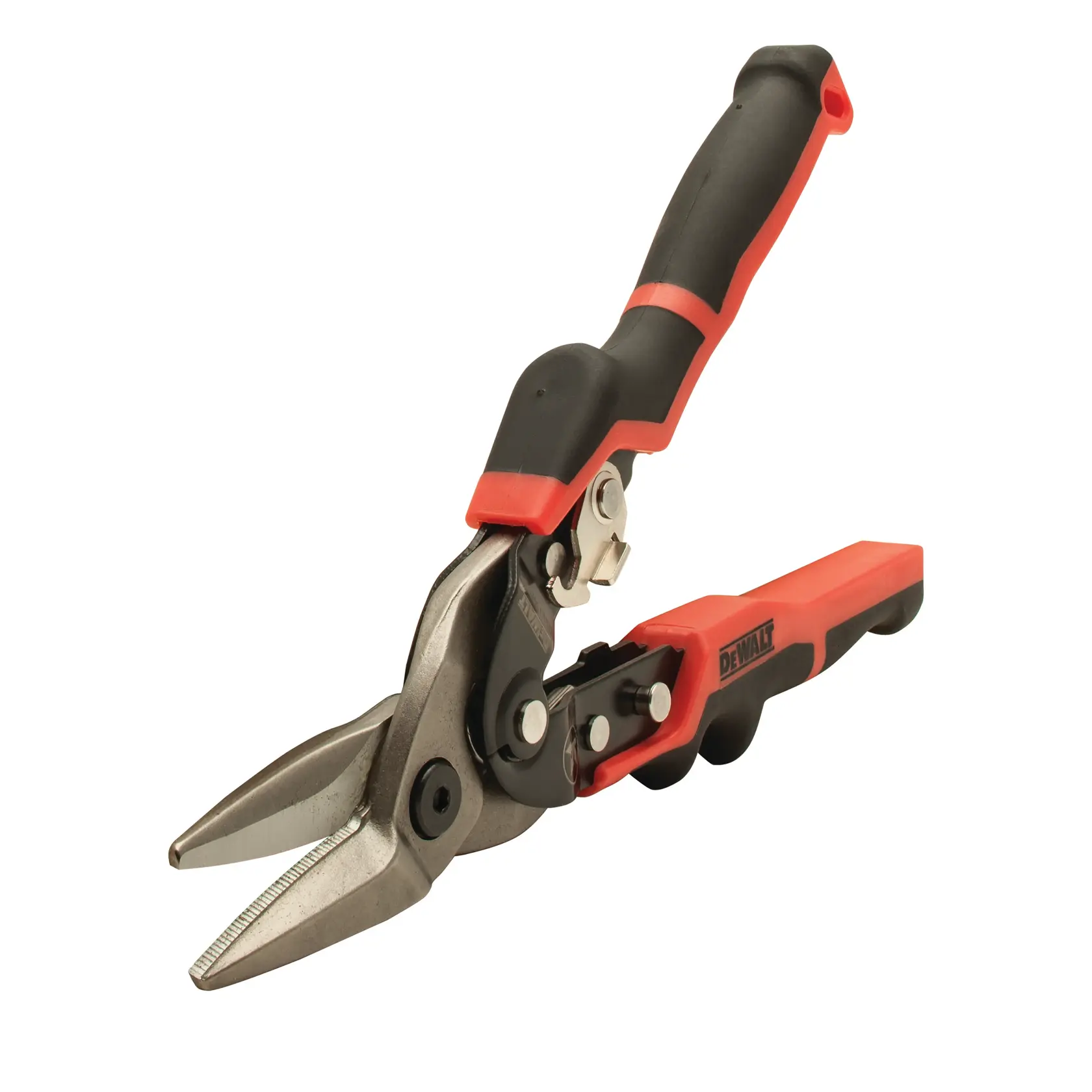 Tijeras para metal DEWALT con hojas anguladas y mango ergonómico negro y rojo sobre fondo blanco.