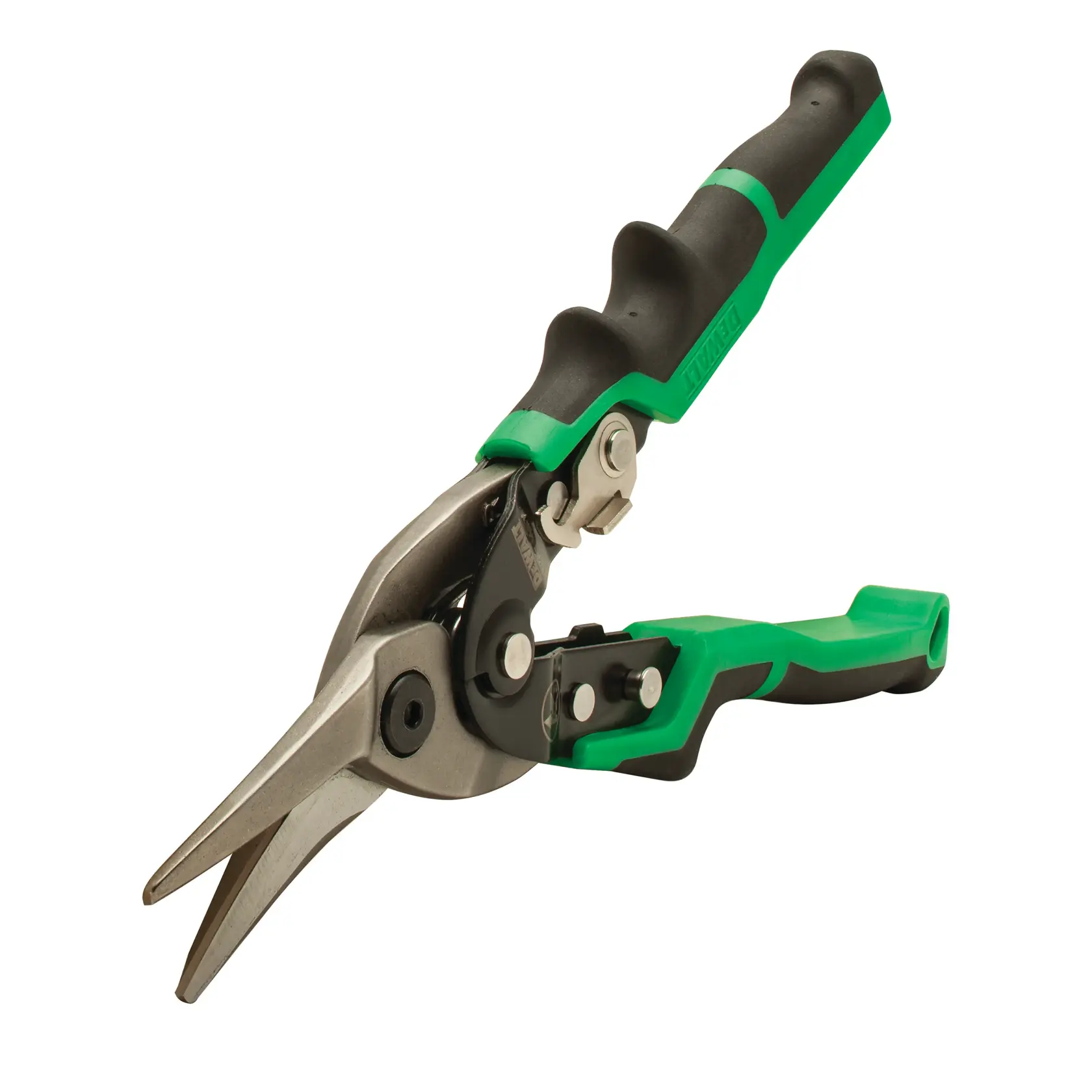 DEWALT Blechschere in Grün und Schwarz mit ergonomischem Griff, gerade Schneide.