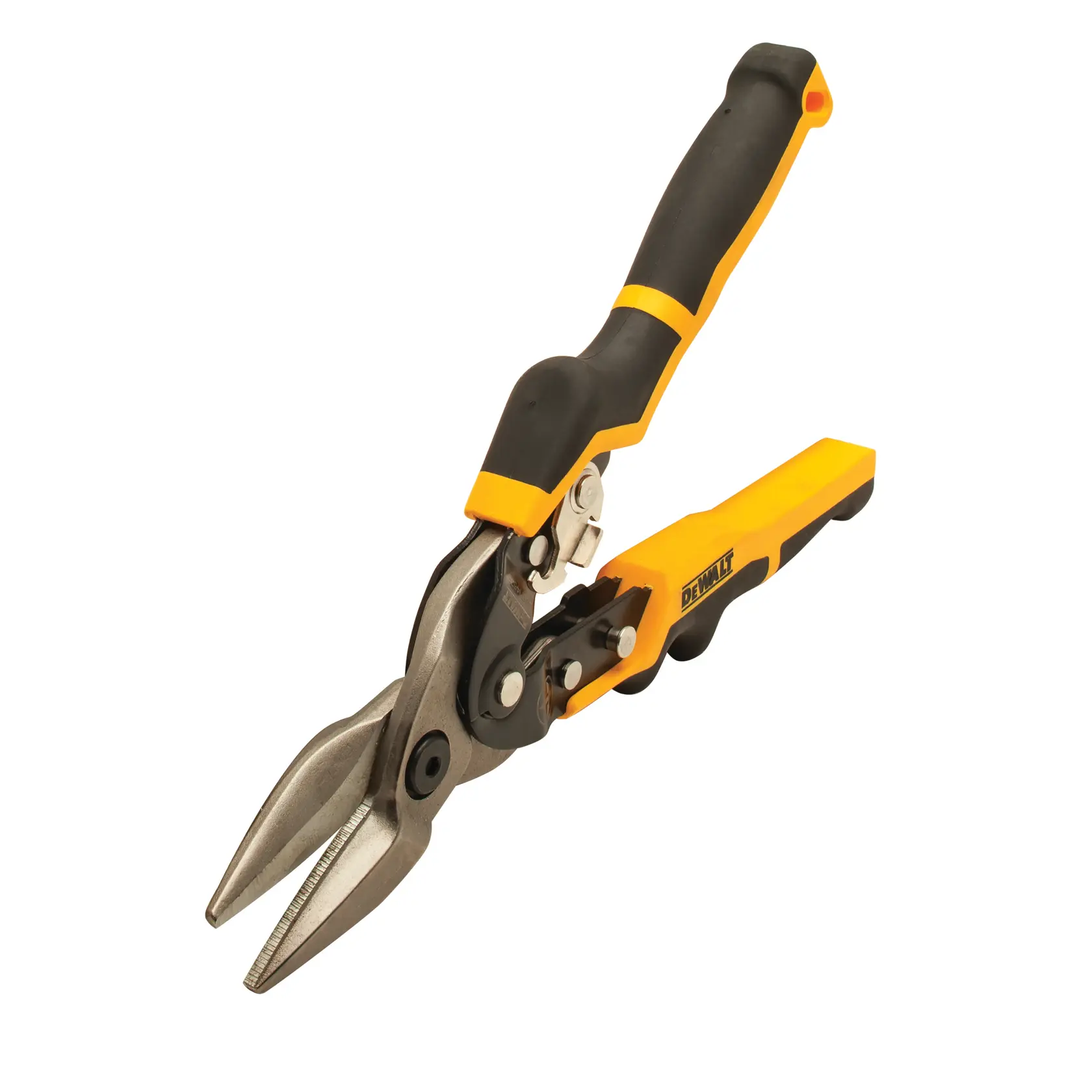 DEWALT Metallschere mit ergonomischem schwarz-gelbem Griff, abgewinkelte Klingen für präzise Schnitte.