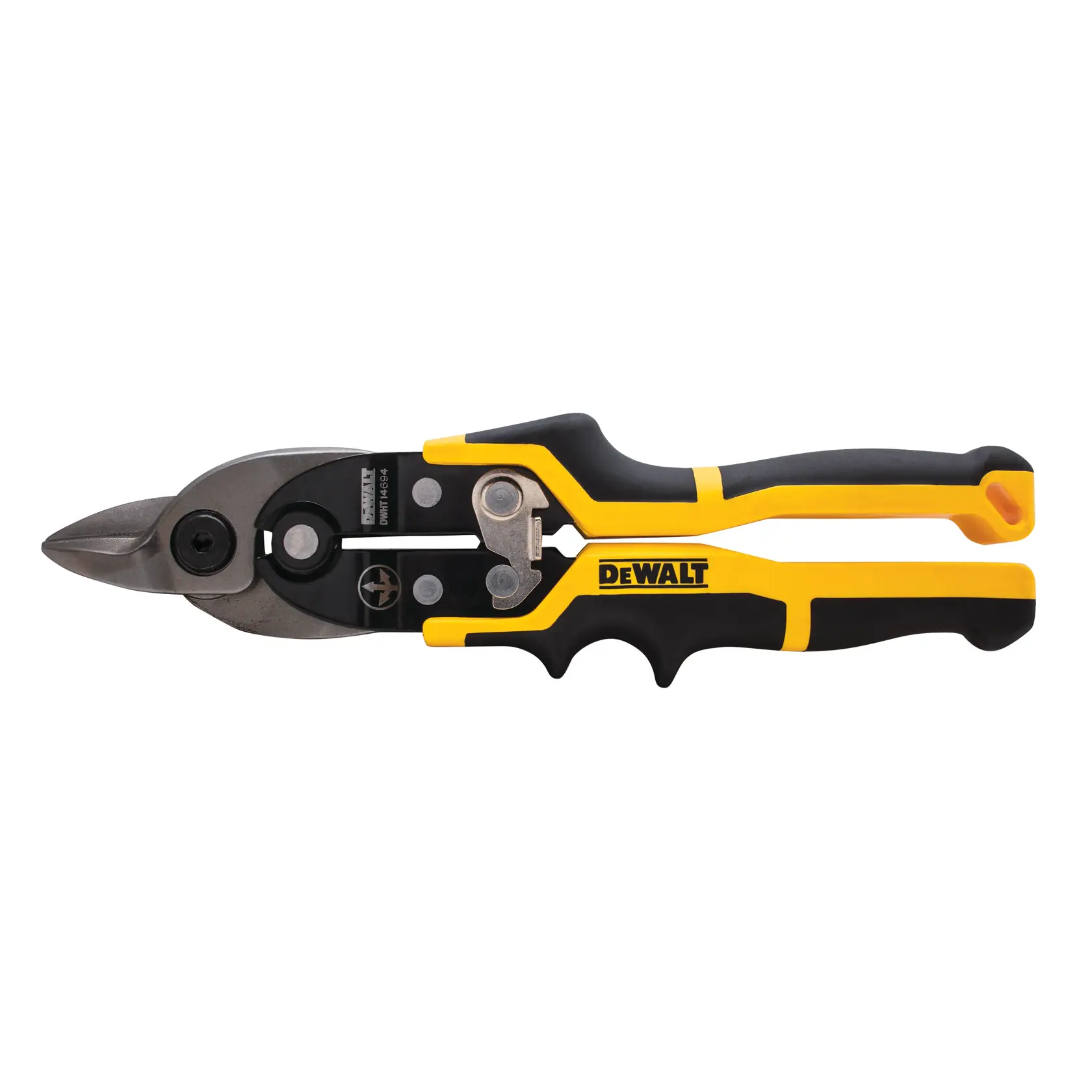 Tijera para metal DEWALT amarilla y negra con mango ergonómico, diseñada para cortar láminas de metal.
