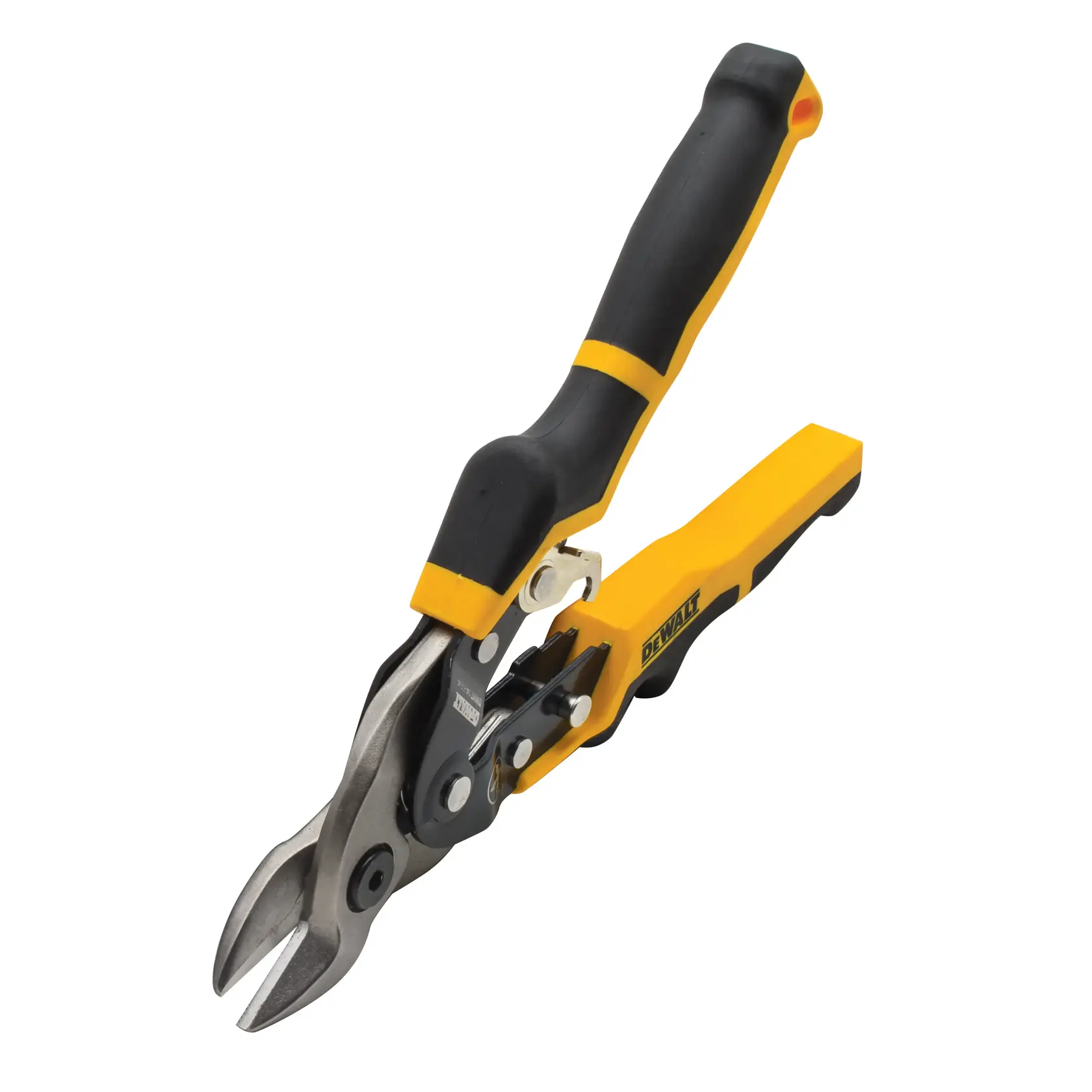 Tijeras de aviación DEWALT amarillas y negras con mango ergonómico para cortar chapa metálica.