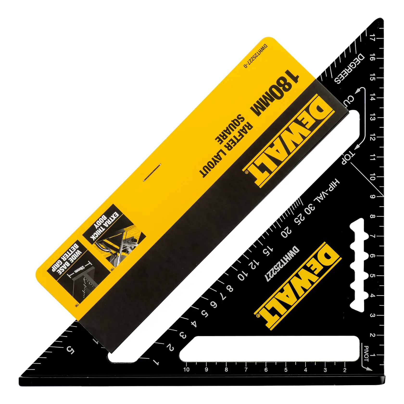 Escuadra de diseño para vigas DEWALT de 180 mm con cuerpo negro y marca amarilla, modelo DWHT25227-0. La herramienta presenta marcas de medición e indicadores de grados para carpintería.