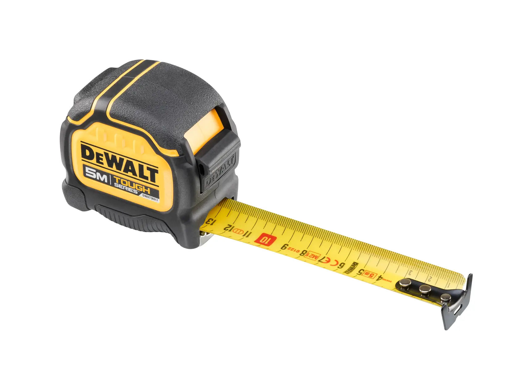 DEWALT 5 Meter Maßband mit gelber Klinge und schwarzem Gehäuse, ausgezogen auf weißem Hintergrund.
