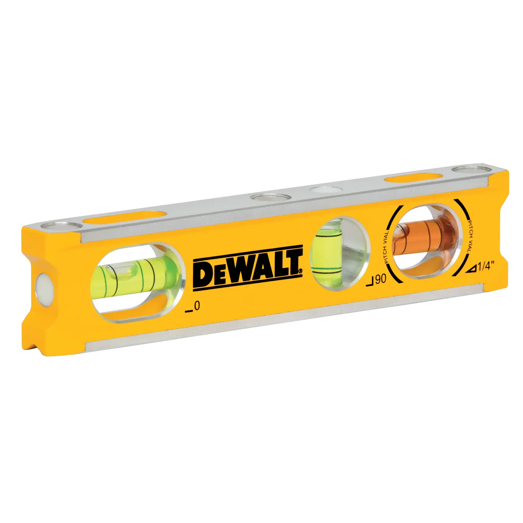 Nivel amarillo DEWALT con tres burbujas para medir ángulos y alineación.