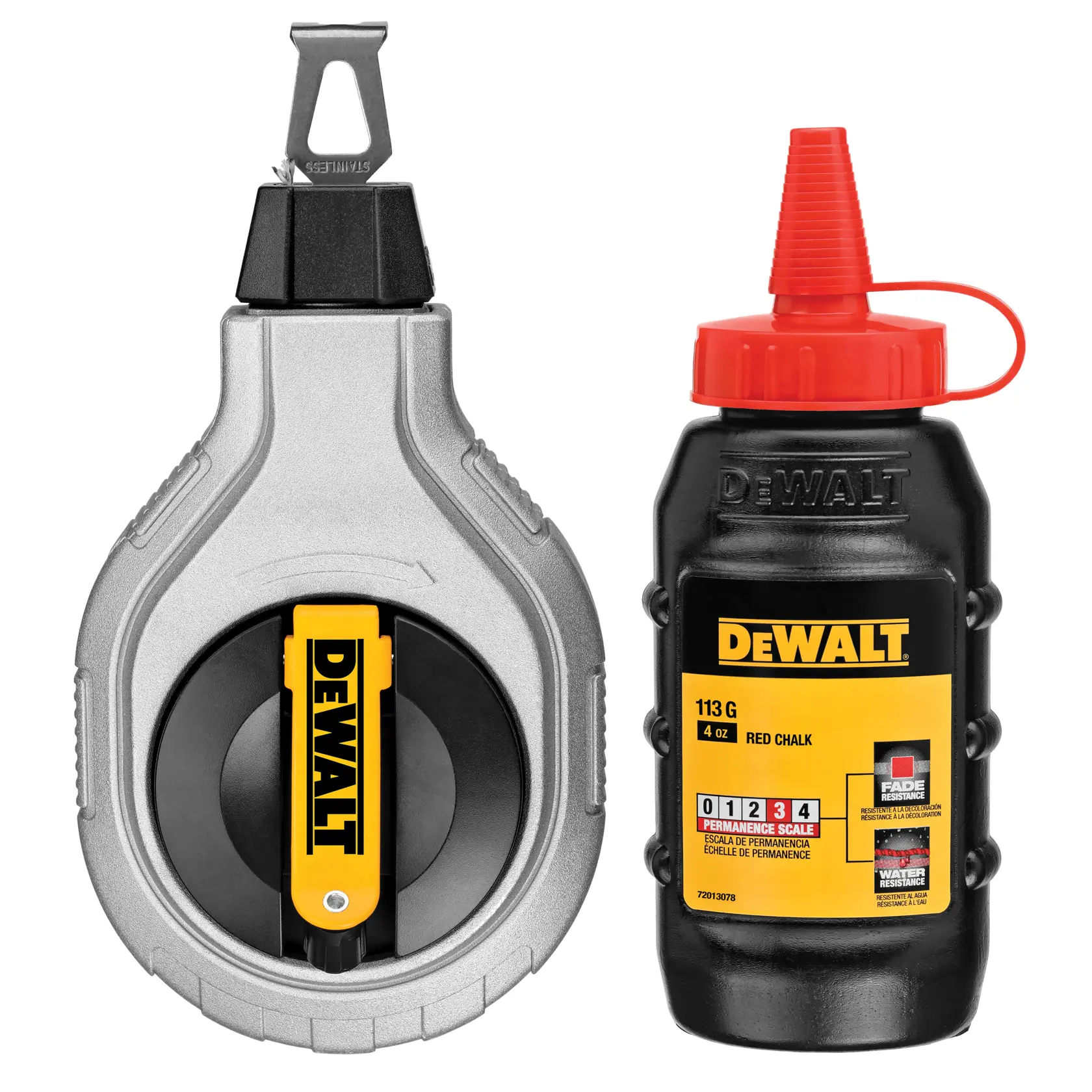 Kit DEWALT: carrete de línea y botellas de tiza roja para marcar líneas rectas en obras.