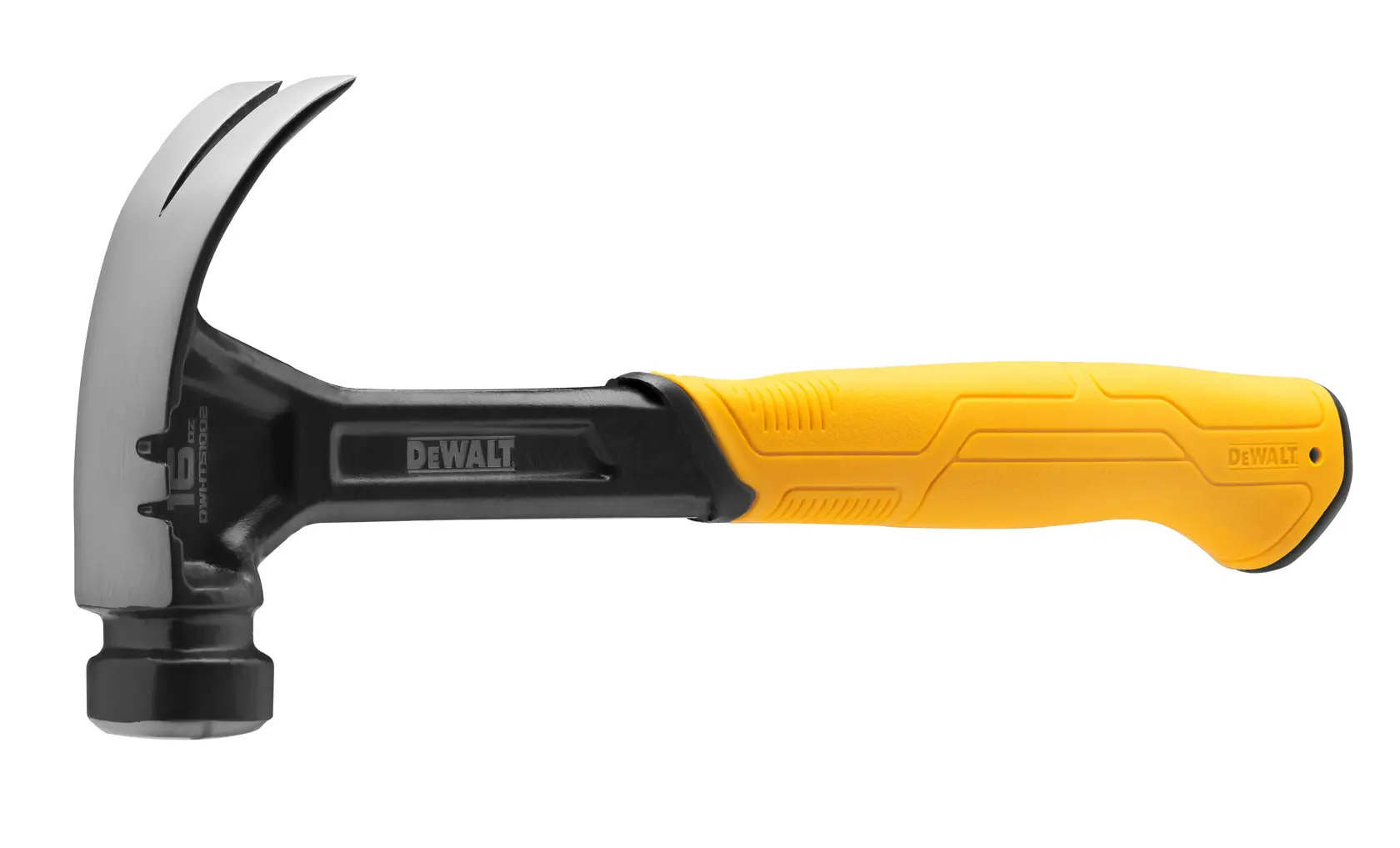A DEWALT claw hammer with a black and yellow handle, designed for construction and carpentry tasks.
