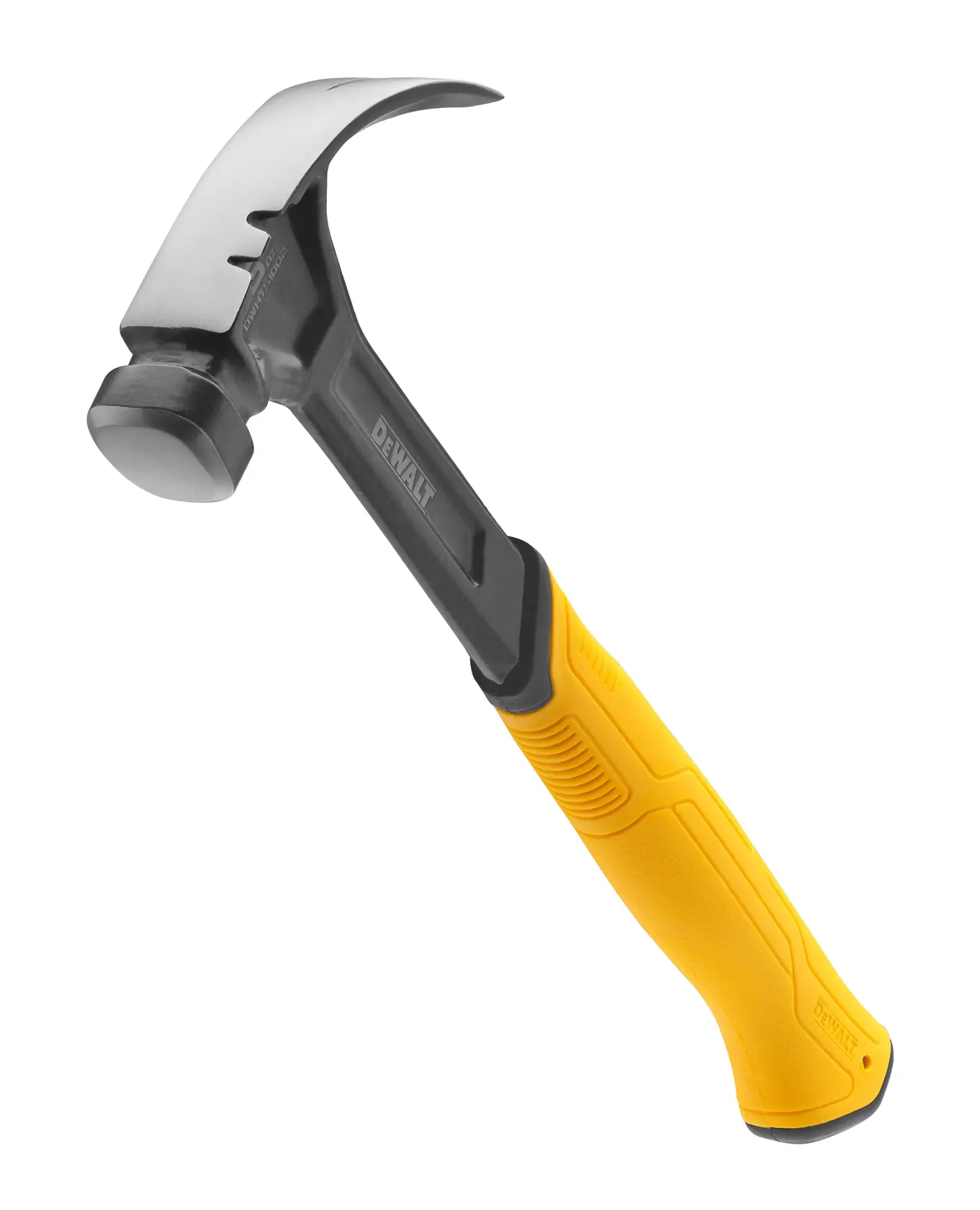A DEWALT claw hammer with a black metal head and a yellow ergonomic handle, shown on a white background.