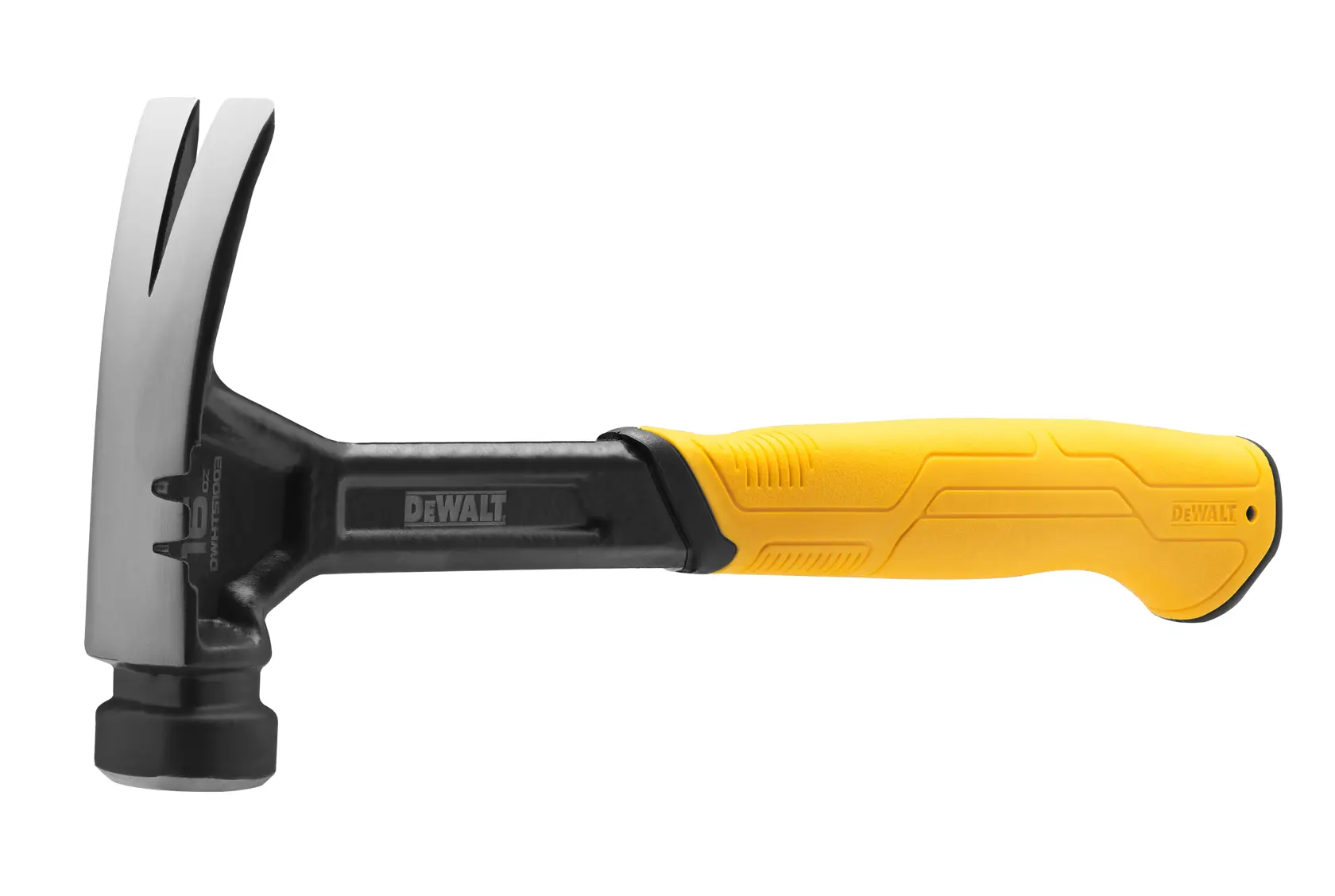 A DEWALT claw hammer with a yellow ergonomic handle and a metal head, designed for driving and removing nails.