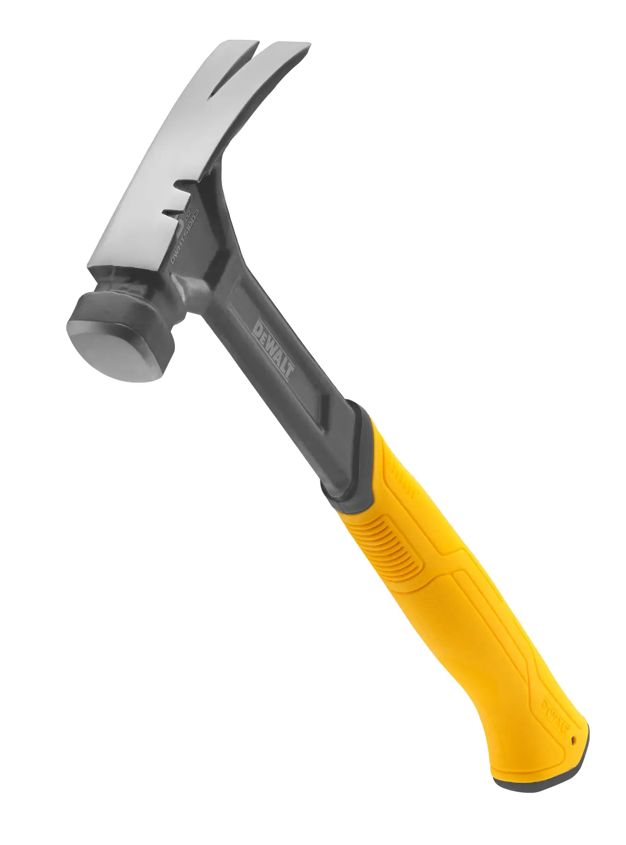 A DEWALT hammer with a yellow and black handle, featuring a claw head for removing nails.
