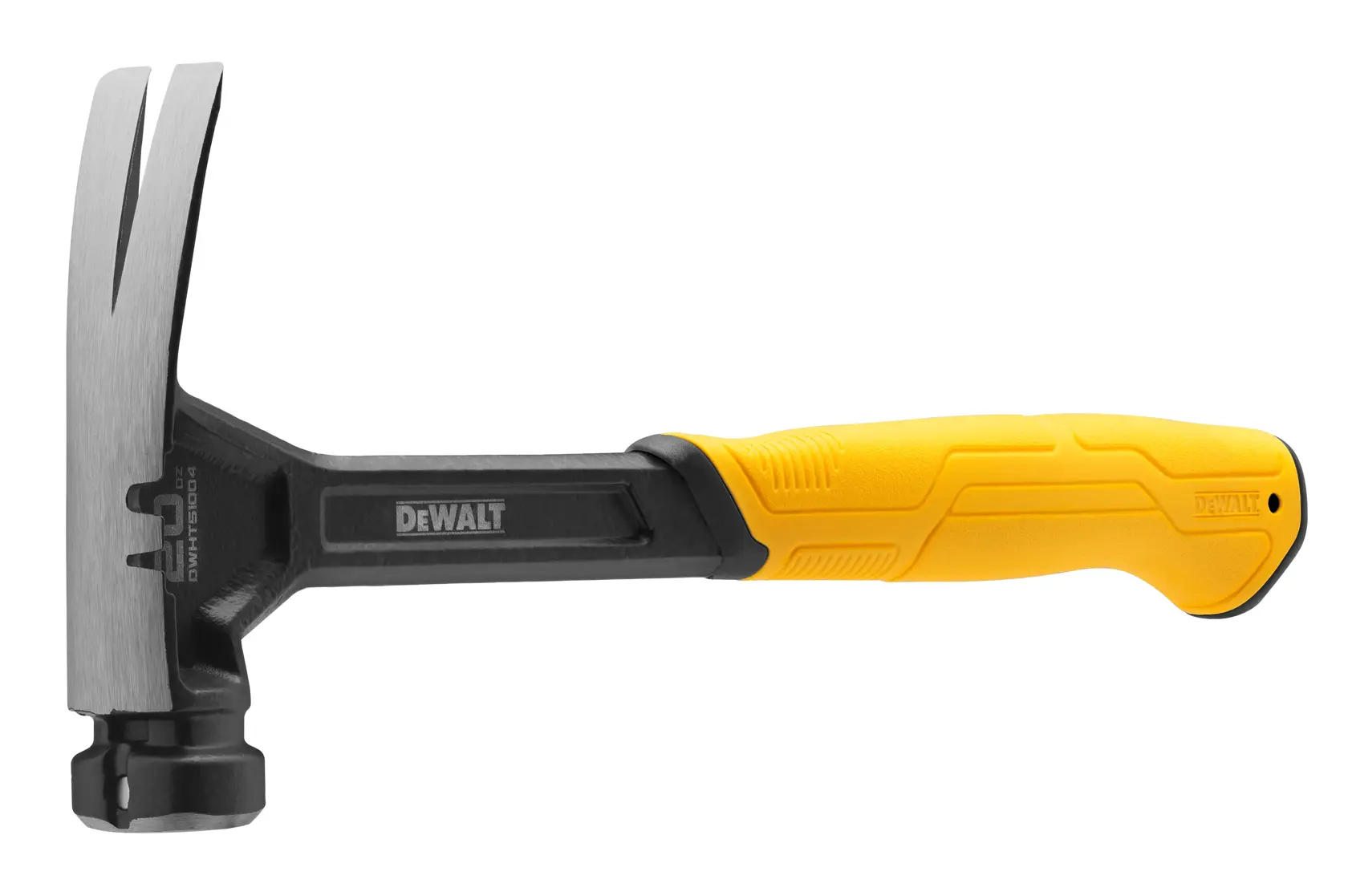A DEWALT claw hammer with a yellow and black ergonomic handle, shown against a white background.
