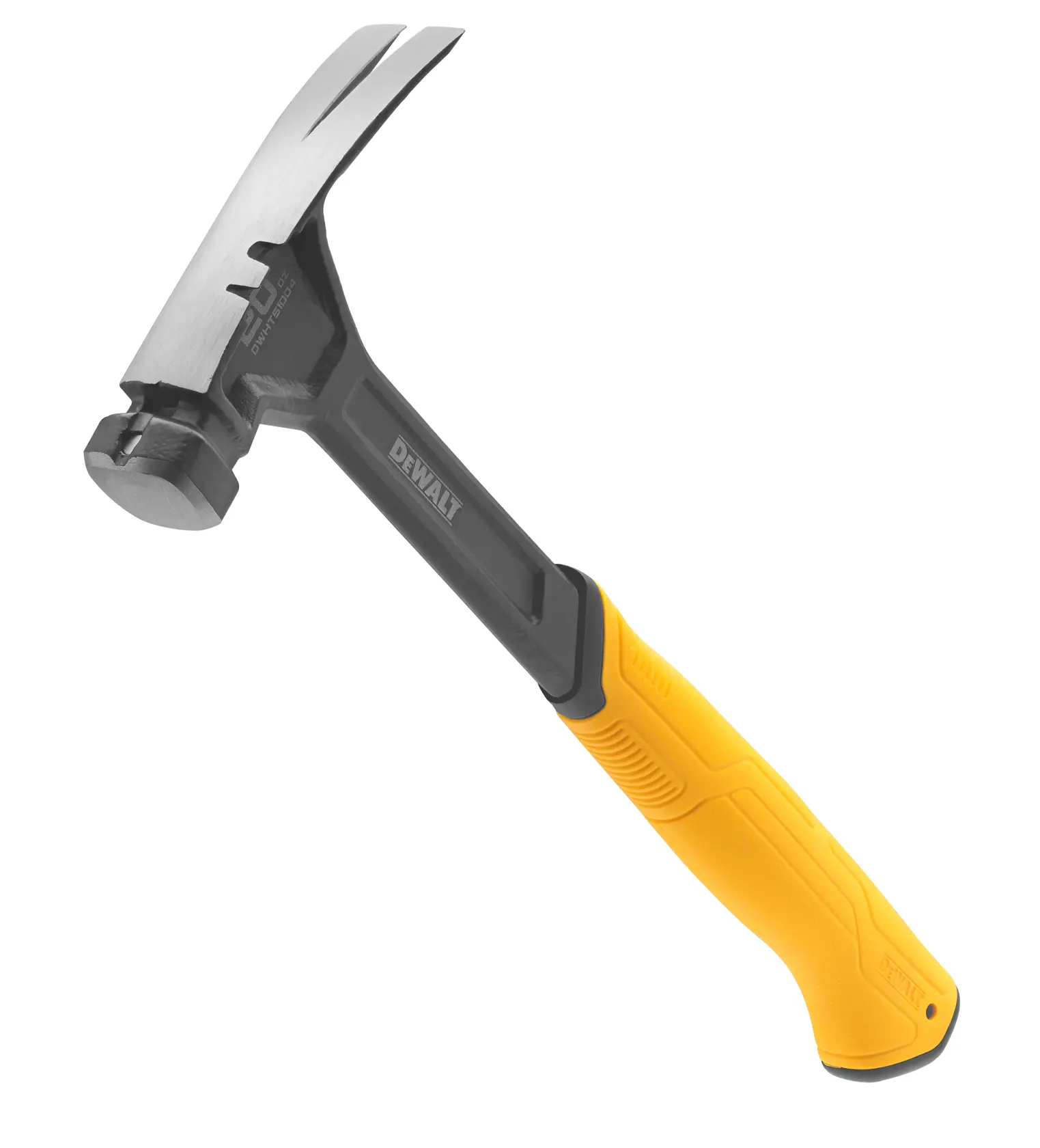 A DEWALT claw hammer with a black metal head and a yellow, ergonomic handle.