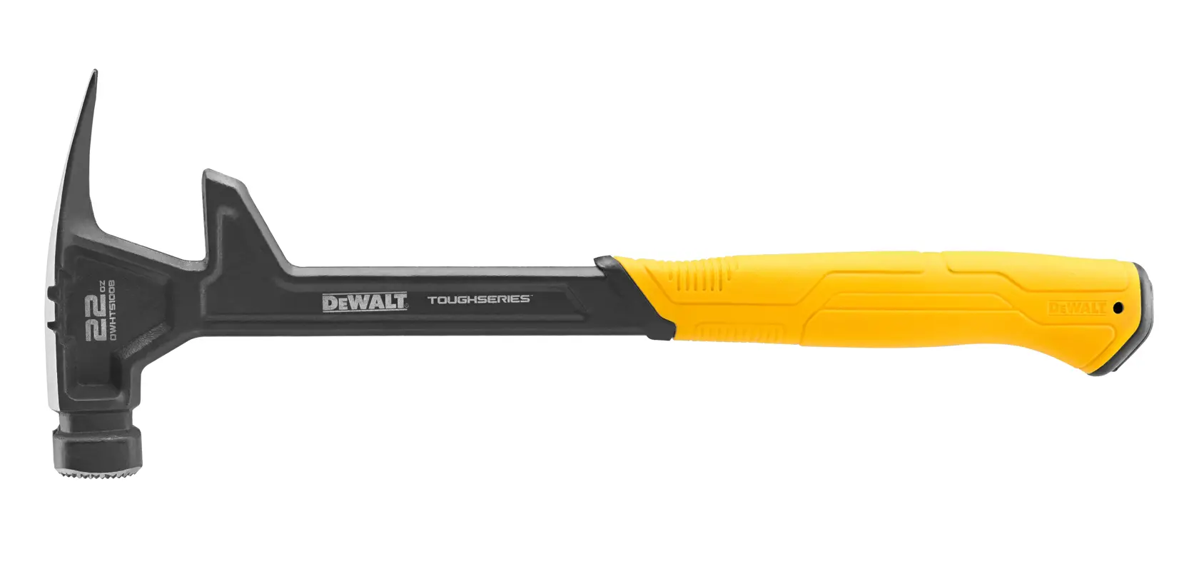 Ein DEWALT ToughSeries Hammer mit 22 Unzen, schwarzem Kopf und Schaft sowie gelbem ergonomischem Griff, entwickelt für den robusten Einsatz.