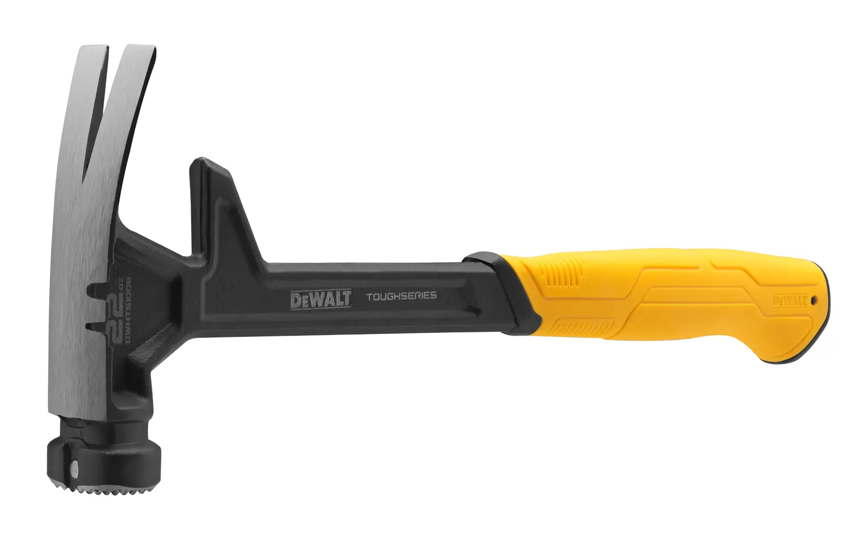 Ein DEWALT ToughSeries Hammer mit einem gelb-schwarzen Griff und einem Klaue-Kopf, der zum Hämmern und Herausziehen von Nägeln geeignet ist.