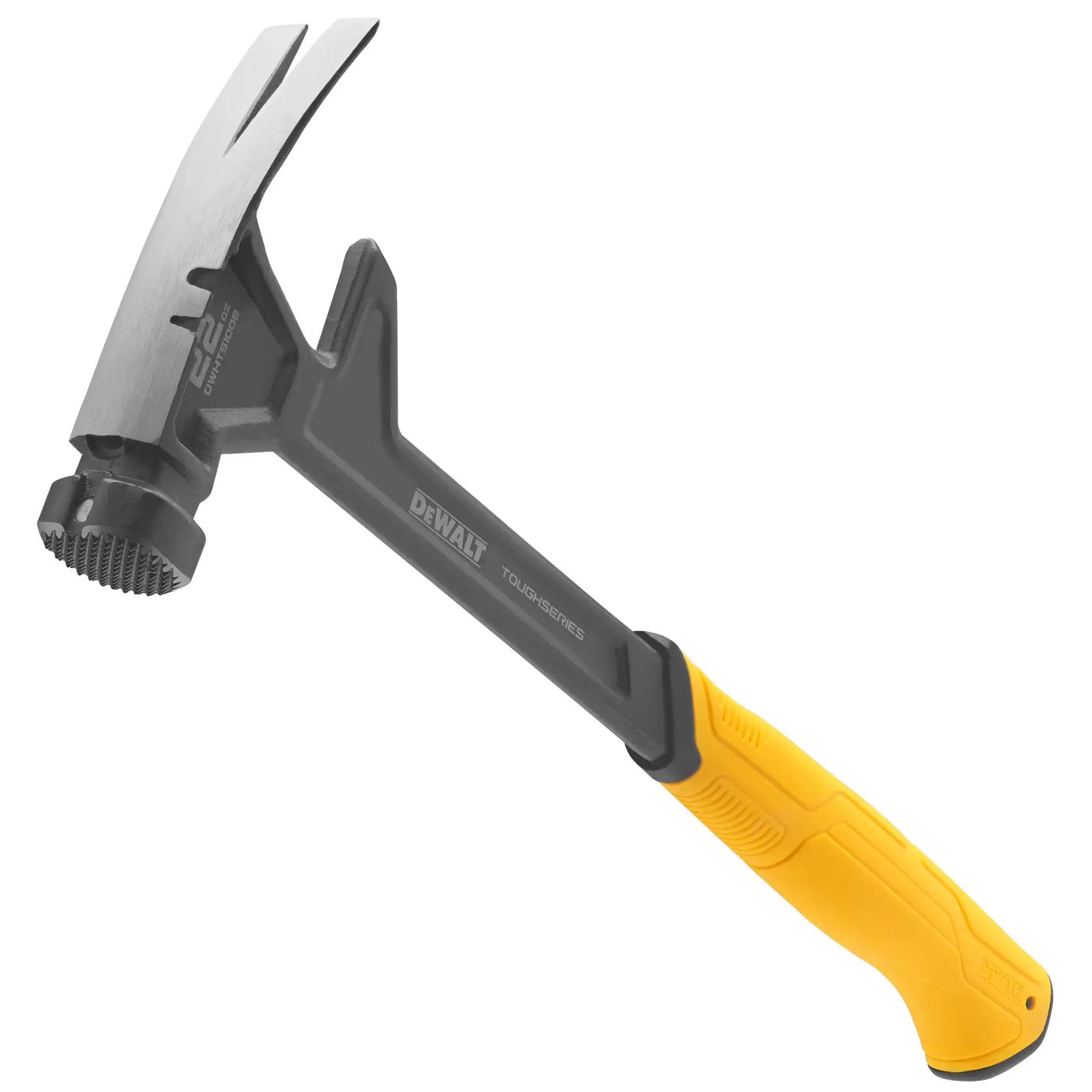 Ein DEWALT Tough Series Klauenhammer mit schwarzem und gelbem Griff, einer strukturierten Schlagfläche und einer gebogenen Klaue zum Entfernen von Nägeln.