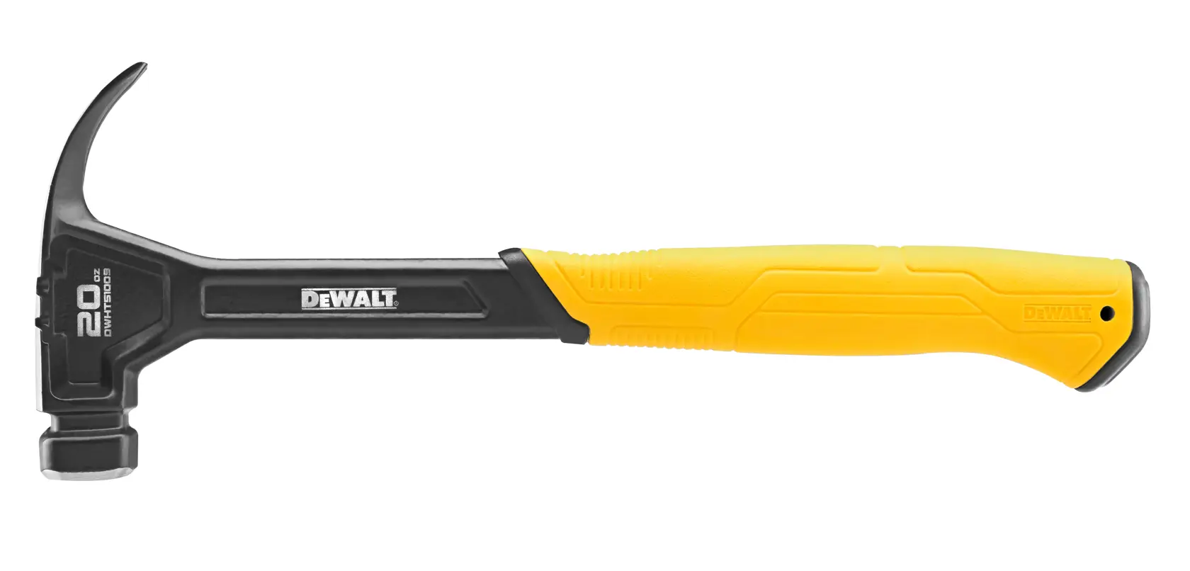 A DEWALT hammer with a black metal head and a yellow ergonomic handle, featuring a curved claw for removing nails. The handle is designed for comfort and durability.