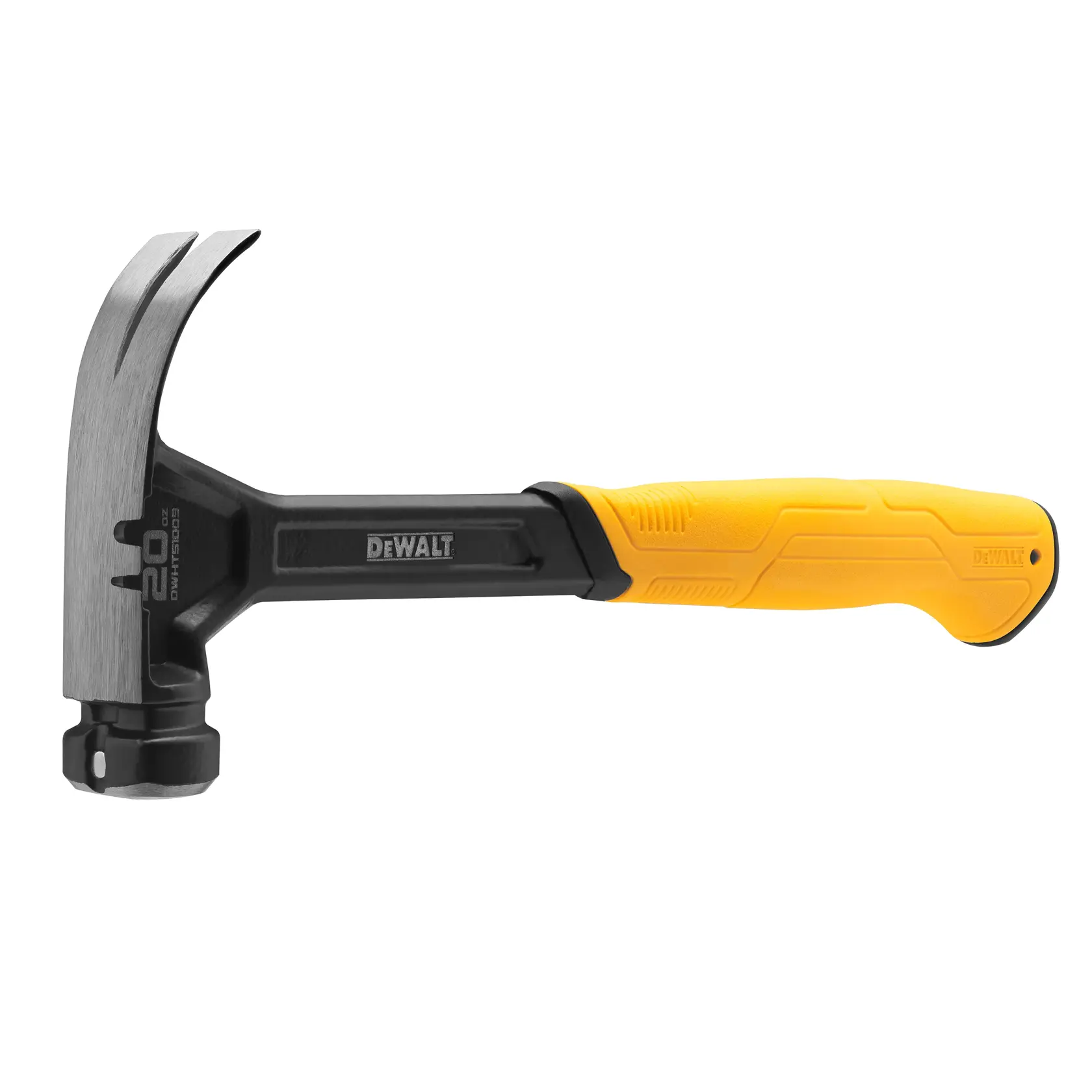 A DEWALT claw hammer with a metal head and a yellow and black ergonomic handle, shown against a white background.