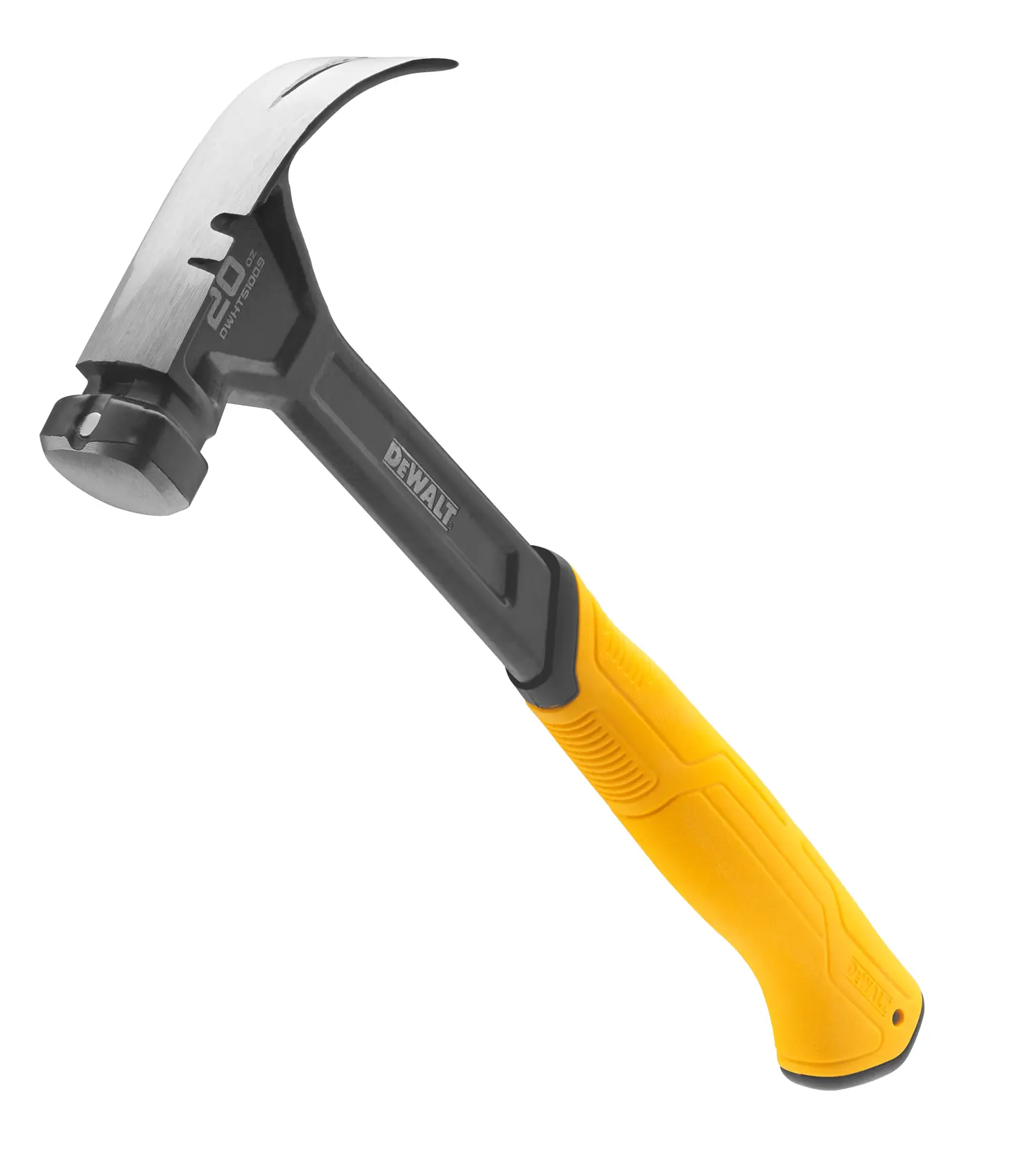 A DEWALT claw hammer with a black and yellow ergonomic handle, designed for professional and heavy-duty use.