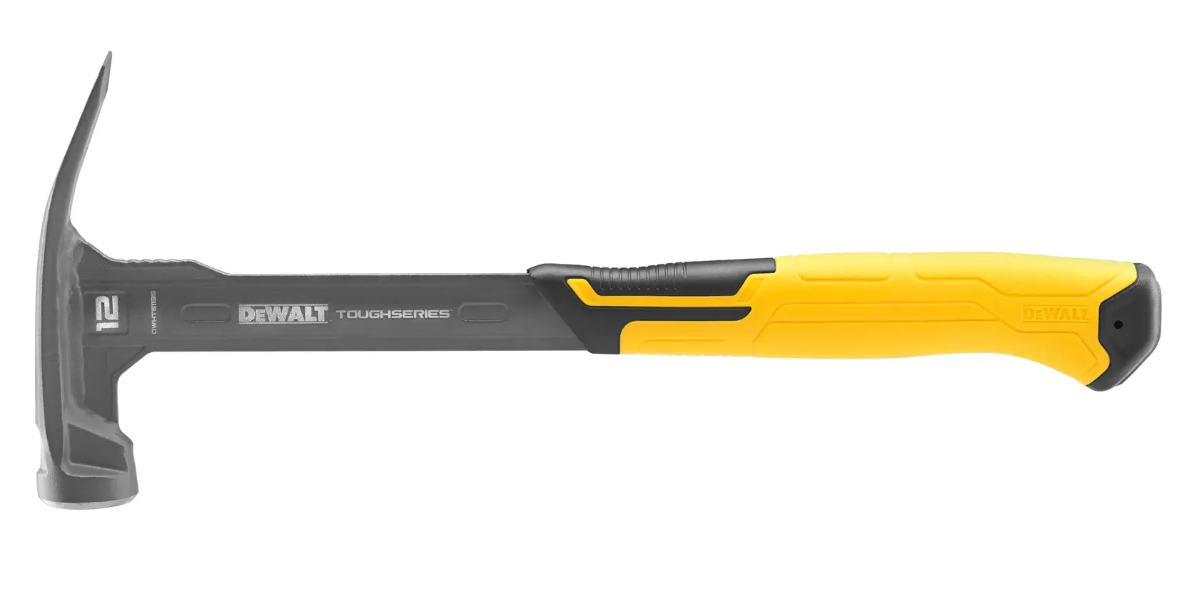 Ein DEWALT ToughSeries Hammer mit schwarzem Metallkopf und -schaft sowie einem gelb-schwarzen ergonomischen Griff. Der Hammer verfügt über ein Klaudesign zum Herausziehen von Nägeln.