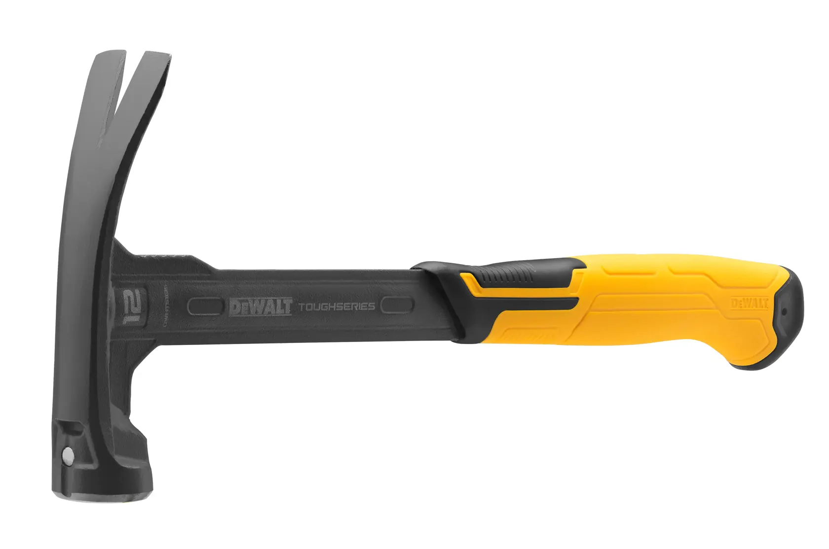 Ein DEWALT ToughSeries Hammer mit einem schwarzen Metallkopf und einem gelb-schwarzen ergonomischen Griff, vor weißem Hintergrund fotografiert.