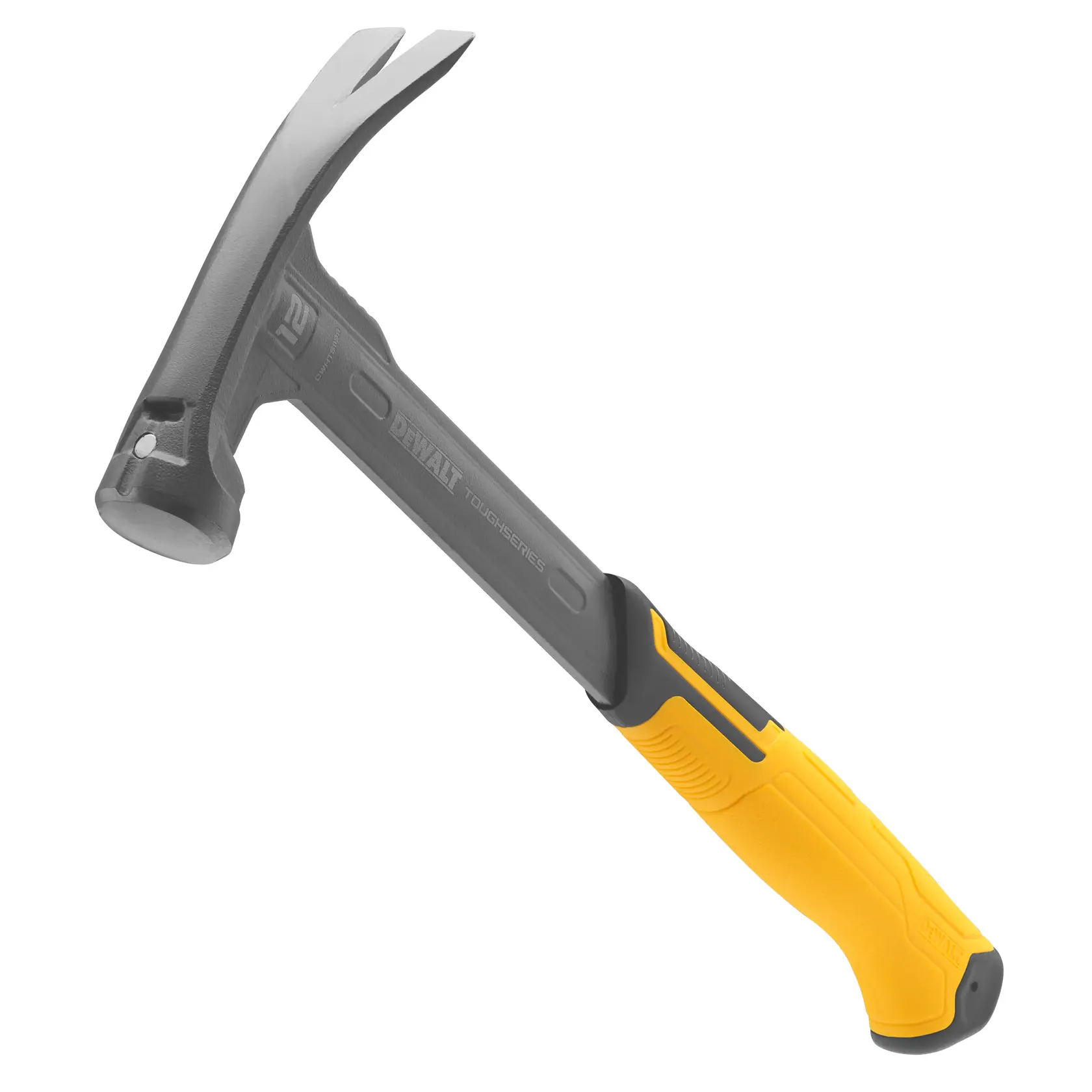 Ein DEWALT Klauenhammer mit einem grauen Metallkopf und einem ergonomischen gelb-schwarzen Griff vor weißem Hintergrund.