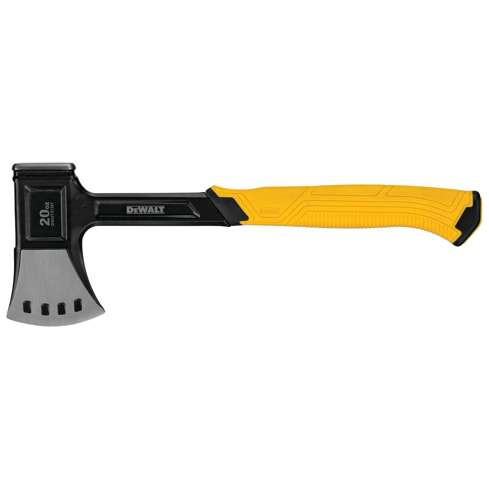 Hacha DEWALT 20oz con cabeza negra y mango amarillo, diseñada para durabilidad y comodidad.