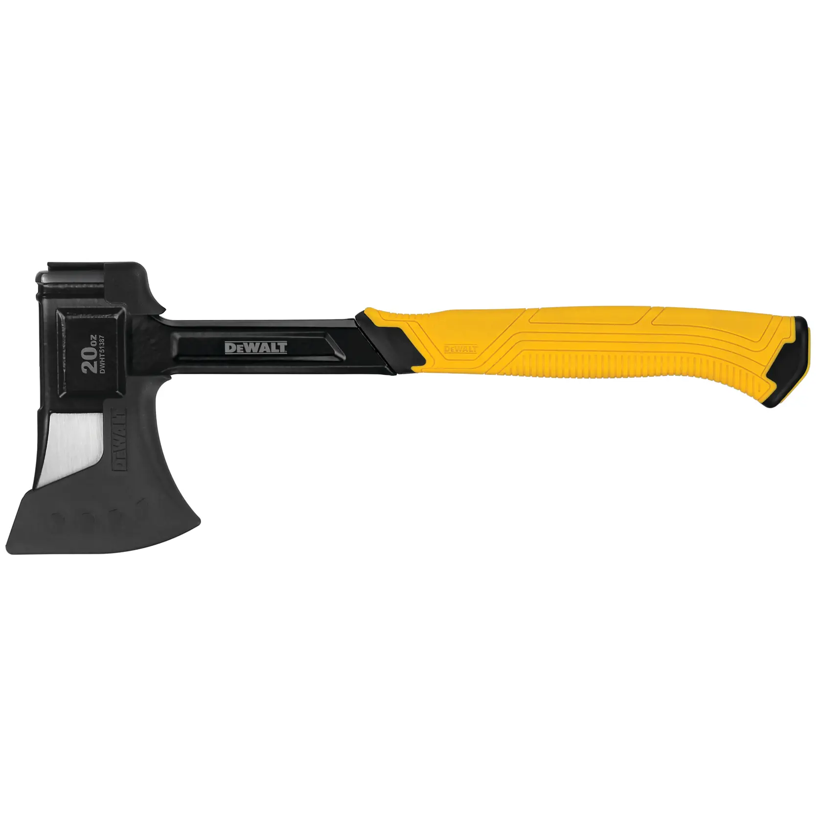 Hacha DEWALT con mango ergonómico amarillo y hoja negra sobre fondo blanco.