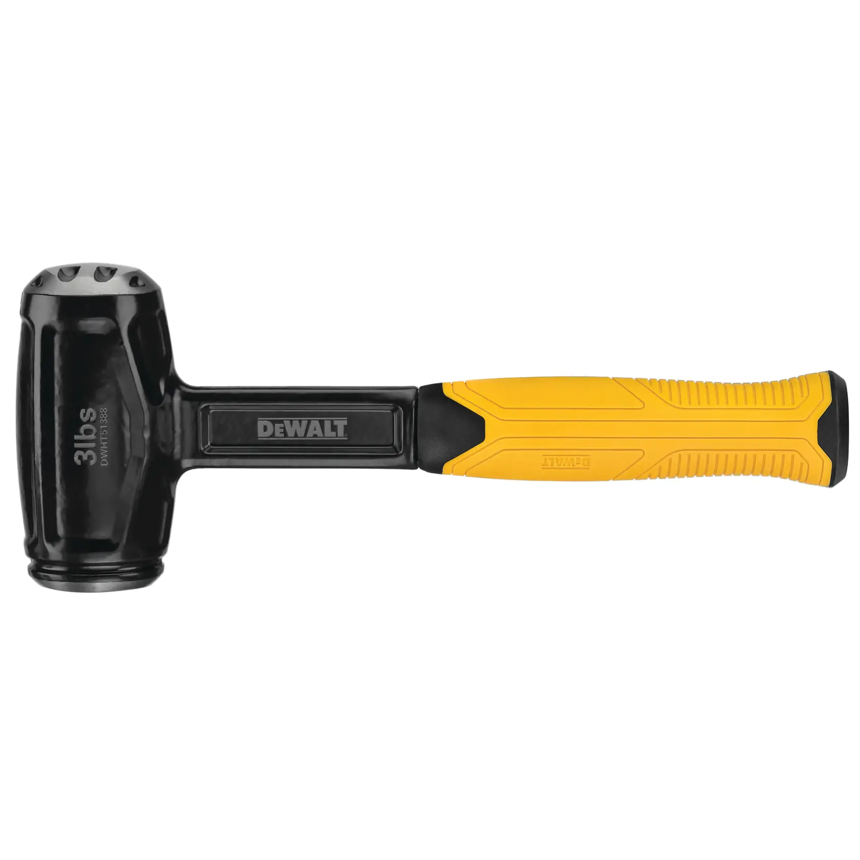 DEWALT black and yellow mallet hammer, 3 lbs, with ergonomic handle, shown on a white background.