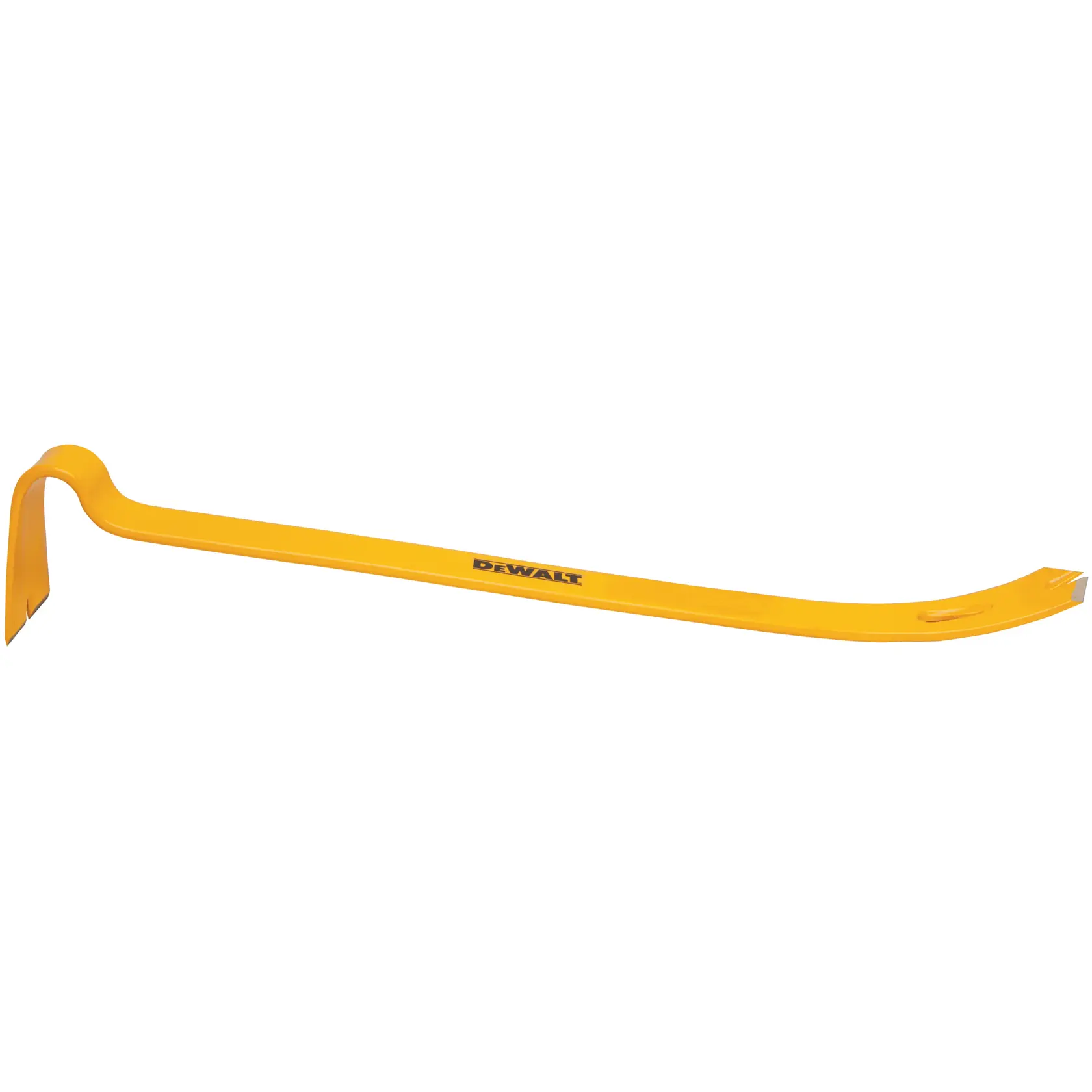 Palanca amarilla DEWALT con extremos curvos, para tareas de extracción pesada, aislada sobre fondo blanco.