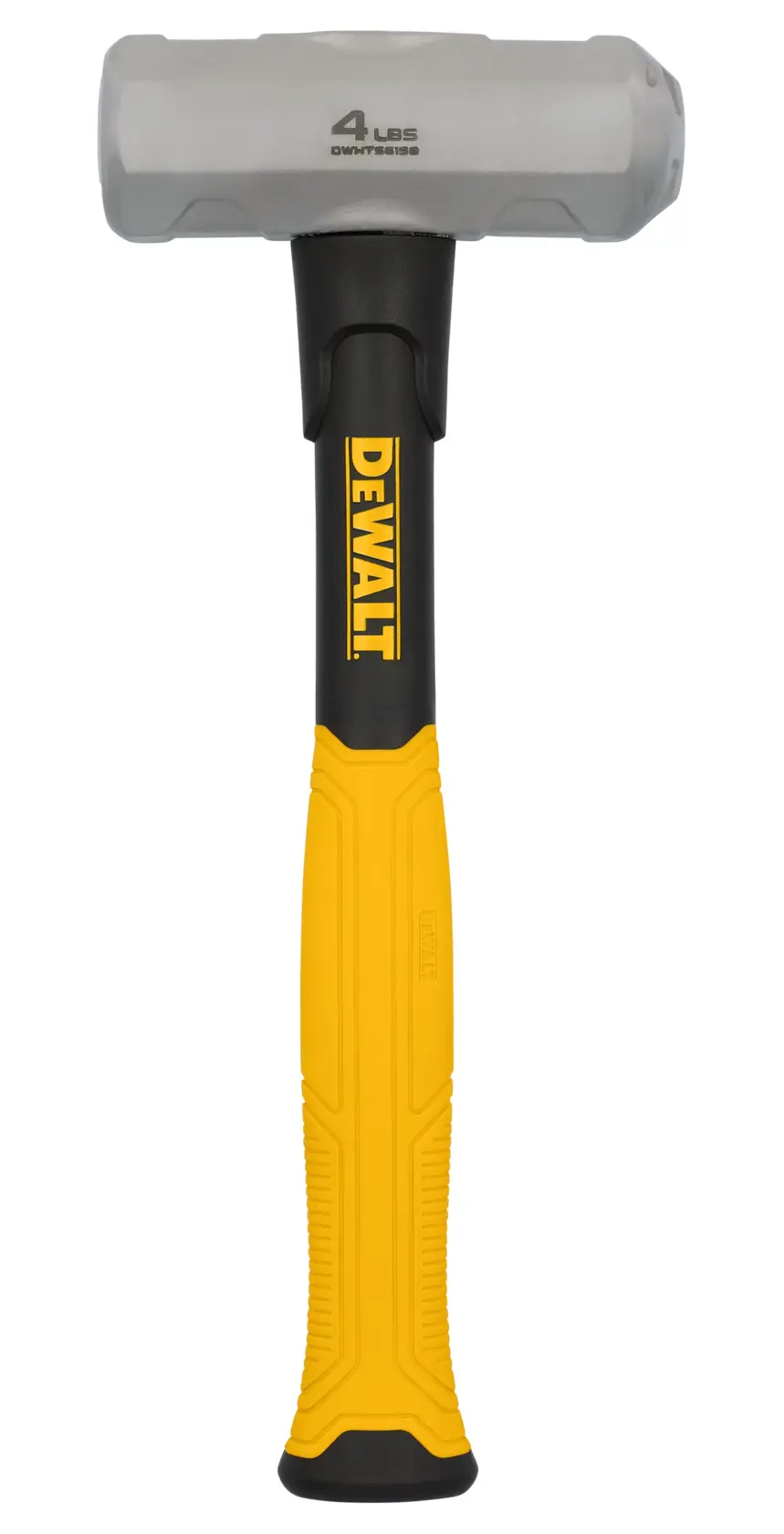 DEWALT sledgehammer with a yellow and black handle, 4 lbs weight, model DWHT56158-1, shown upright.