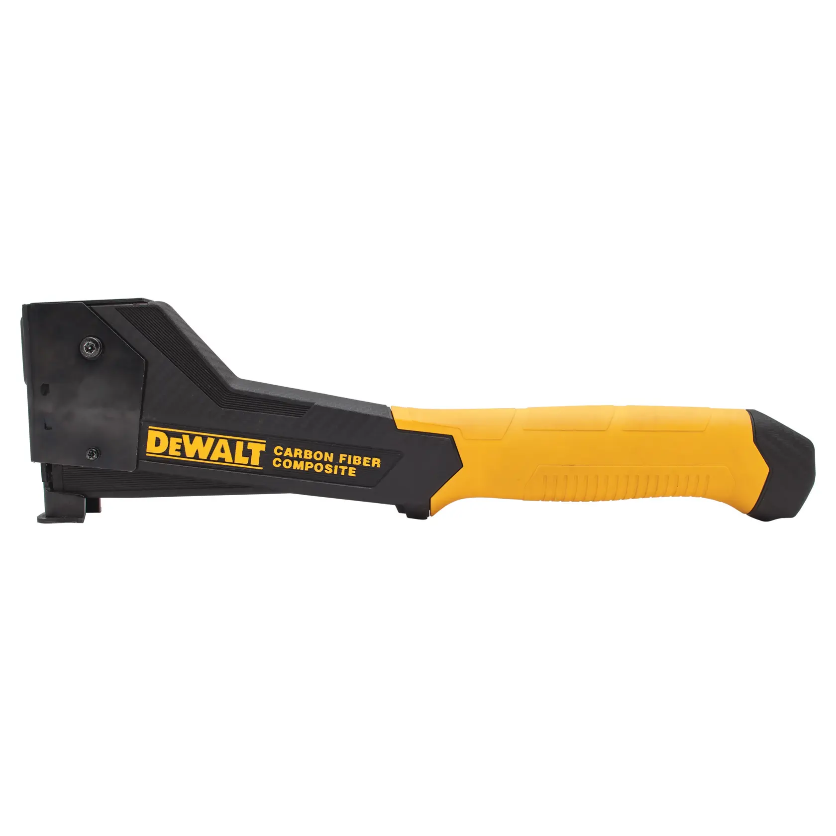 DEWALT Hammertacker aus Carbonfaserverbund mit gelbem und schwarzem Griff auf weißem Hintergrund.