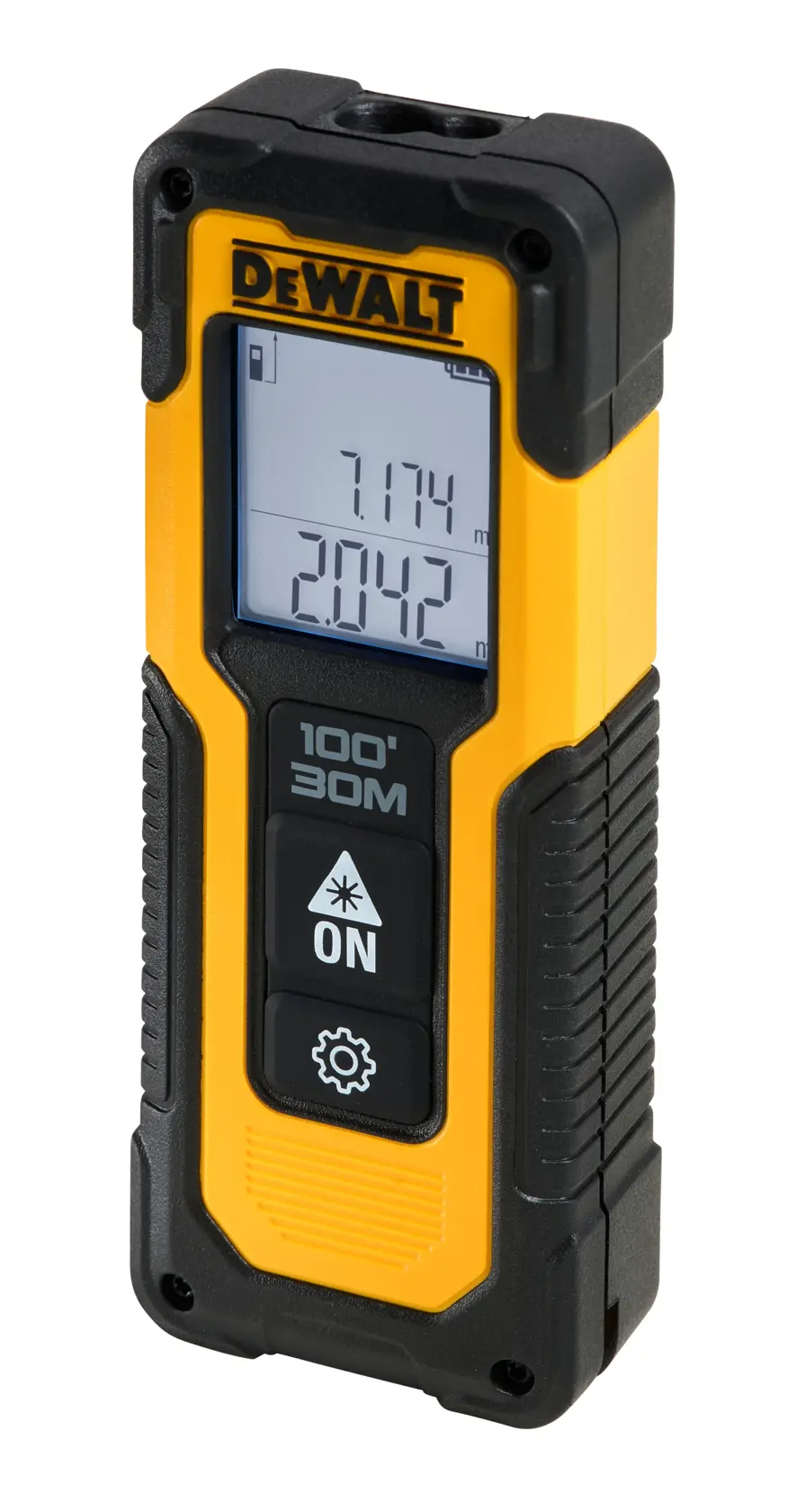 Medidor láser DEWALT portátil con pantalla y alcance de 30 m, diseño negro y amarillo.