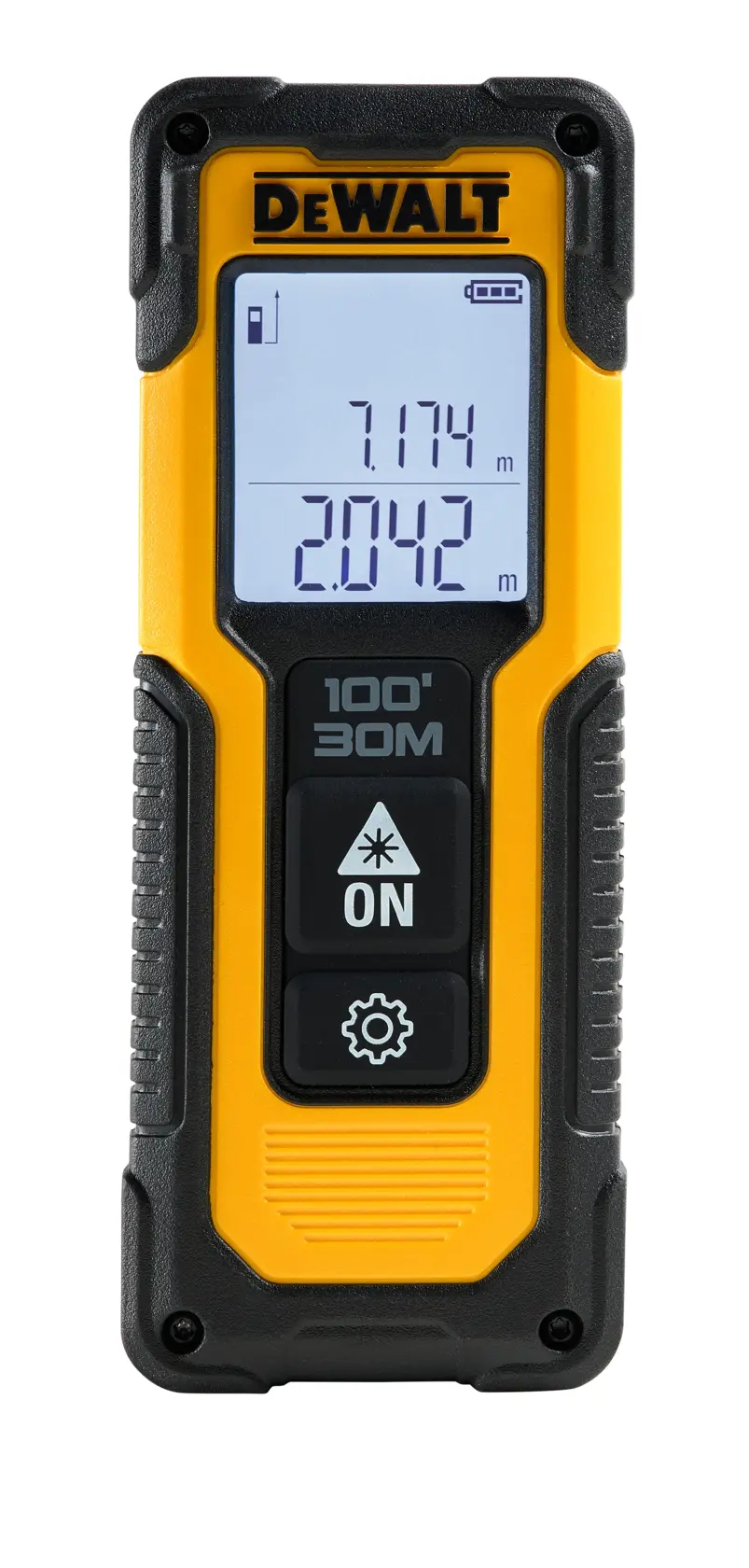 Medidor láser DEWALT con pantalla digital y botones, mide hasta 30 metros.