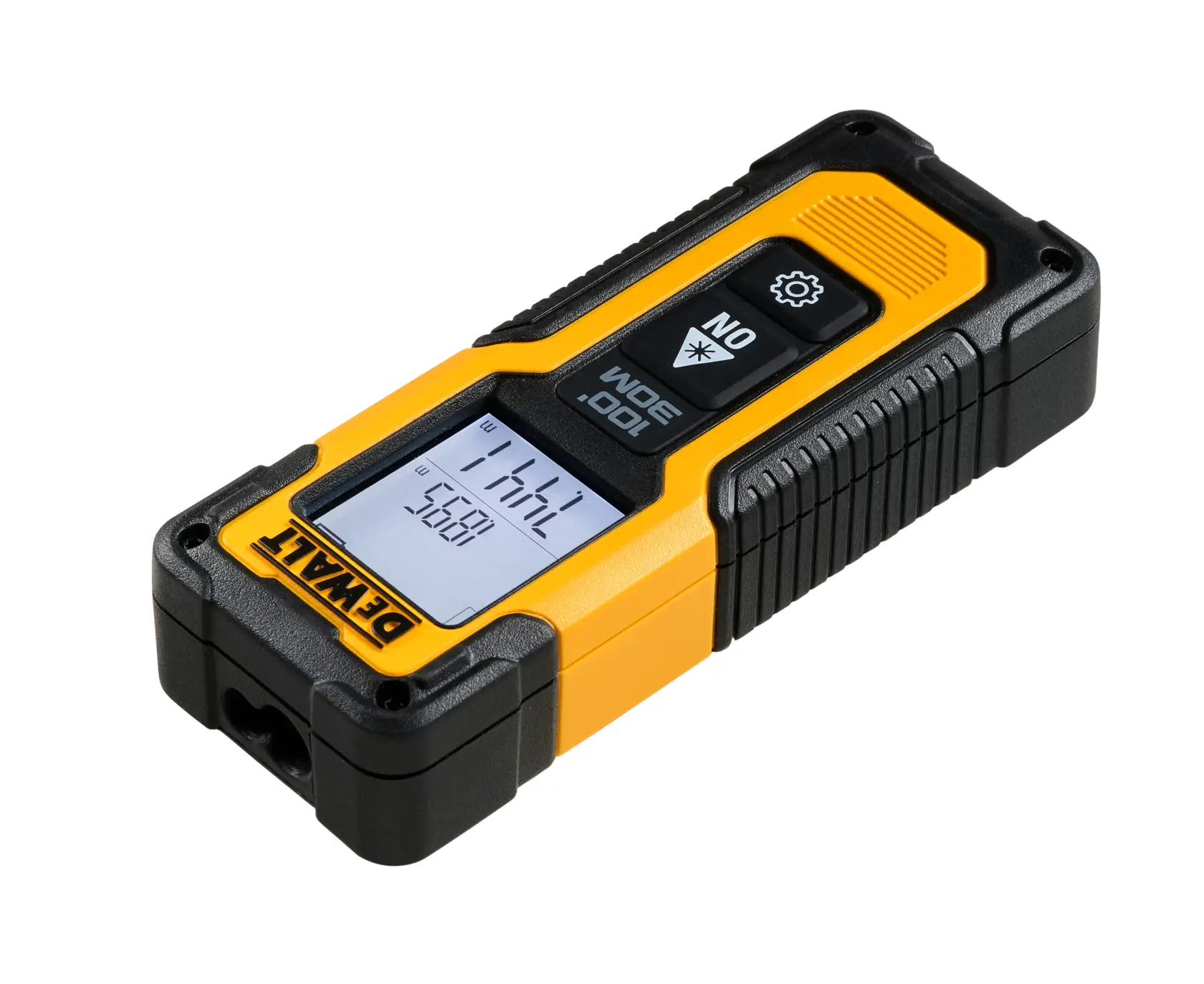 Medidor láser DEWALT amarillo y negro con pantalla digital y dos botones de control.