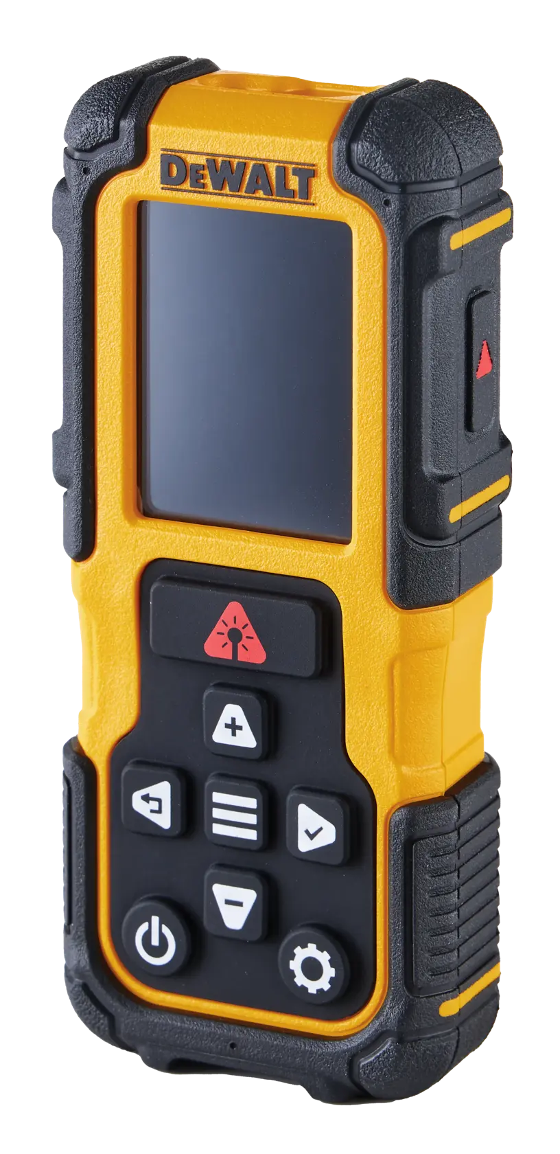 DEWALT handheld digital device with screen and control buttons, rugged yellow and black design.