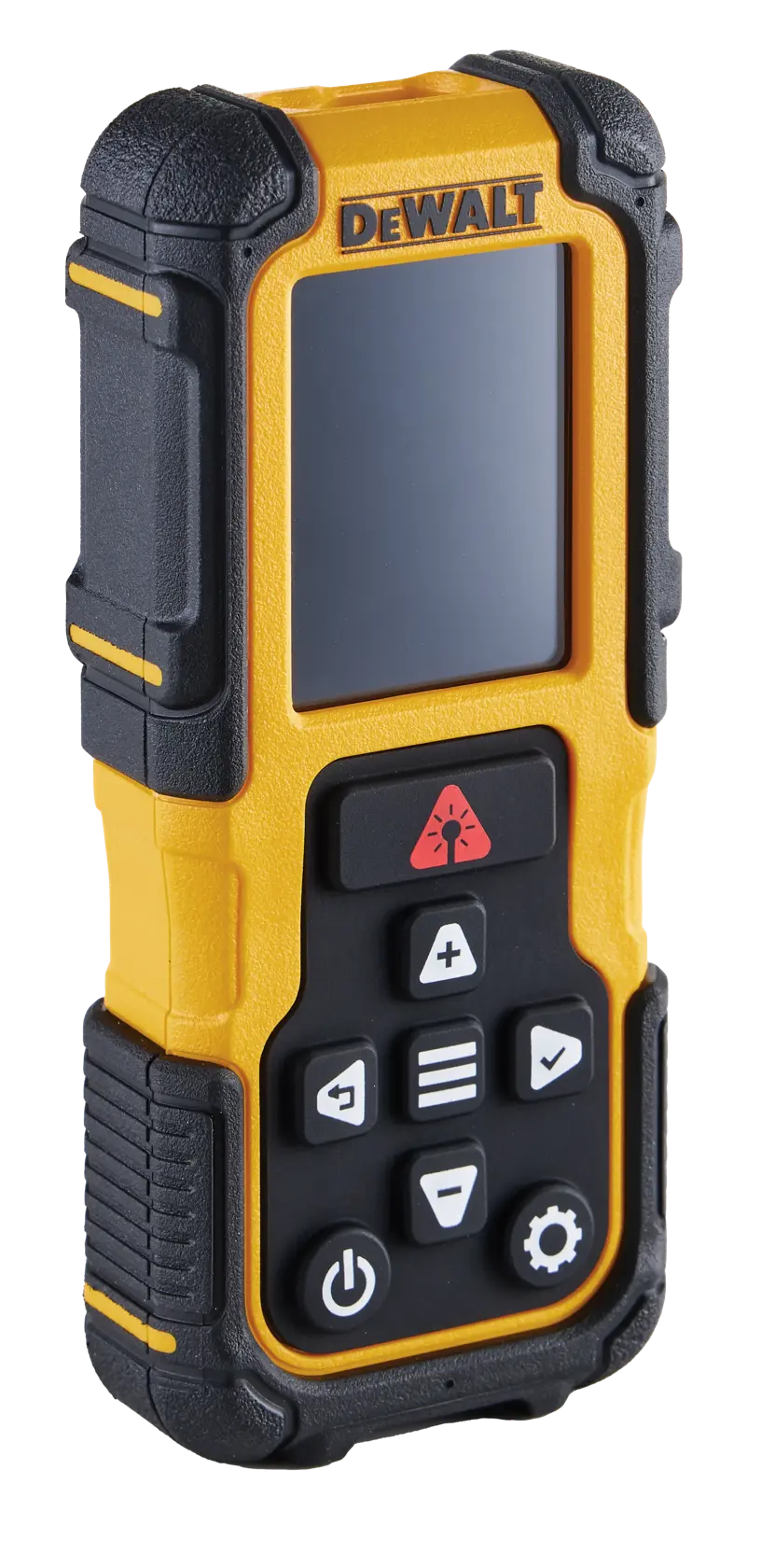 DEWALT laser distance measurer DWHT77200 with screen and control buttons, durable yellow and black design.