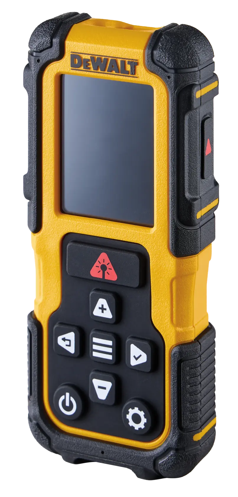 DEWALT DWHT78200 yellow and black handheld digital measuring tool with screen and control buttons.