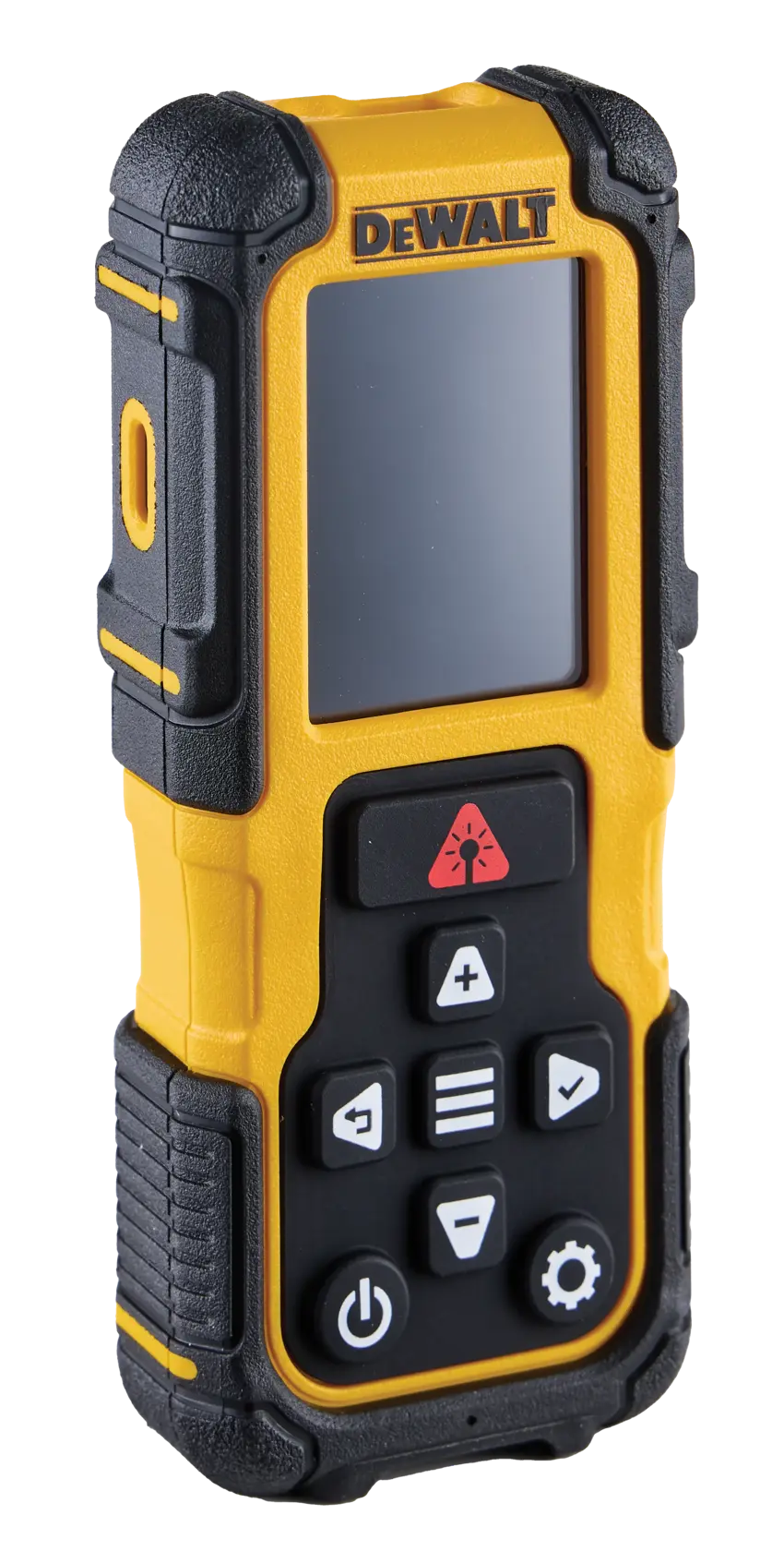 DEWALT handheld laser distance measurer with screen and control buttons, yellow and black rugged design.