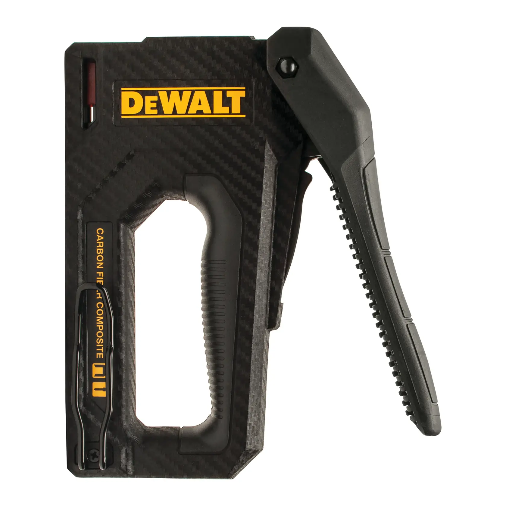 DEWALT Handtacker aus Carbonfaserverbund mit ergonomischem Griff und schwarzem Design, seitlich gezeigt.