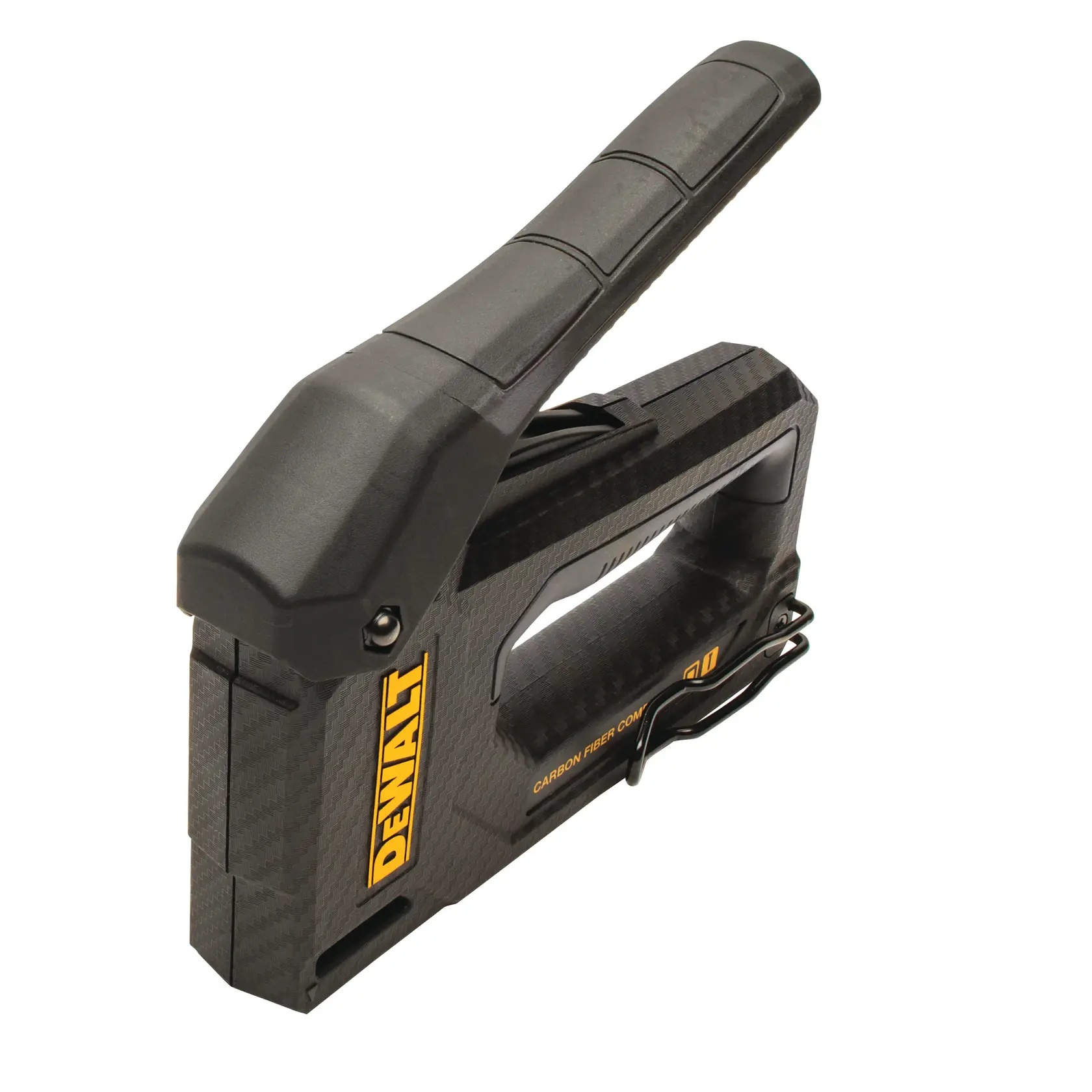 DEWALT Handtacker aus Carbonfaser mit ergonomischem schwarzen Griff, schräg auf weißem Hintergrund gezeigt.