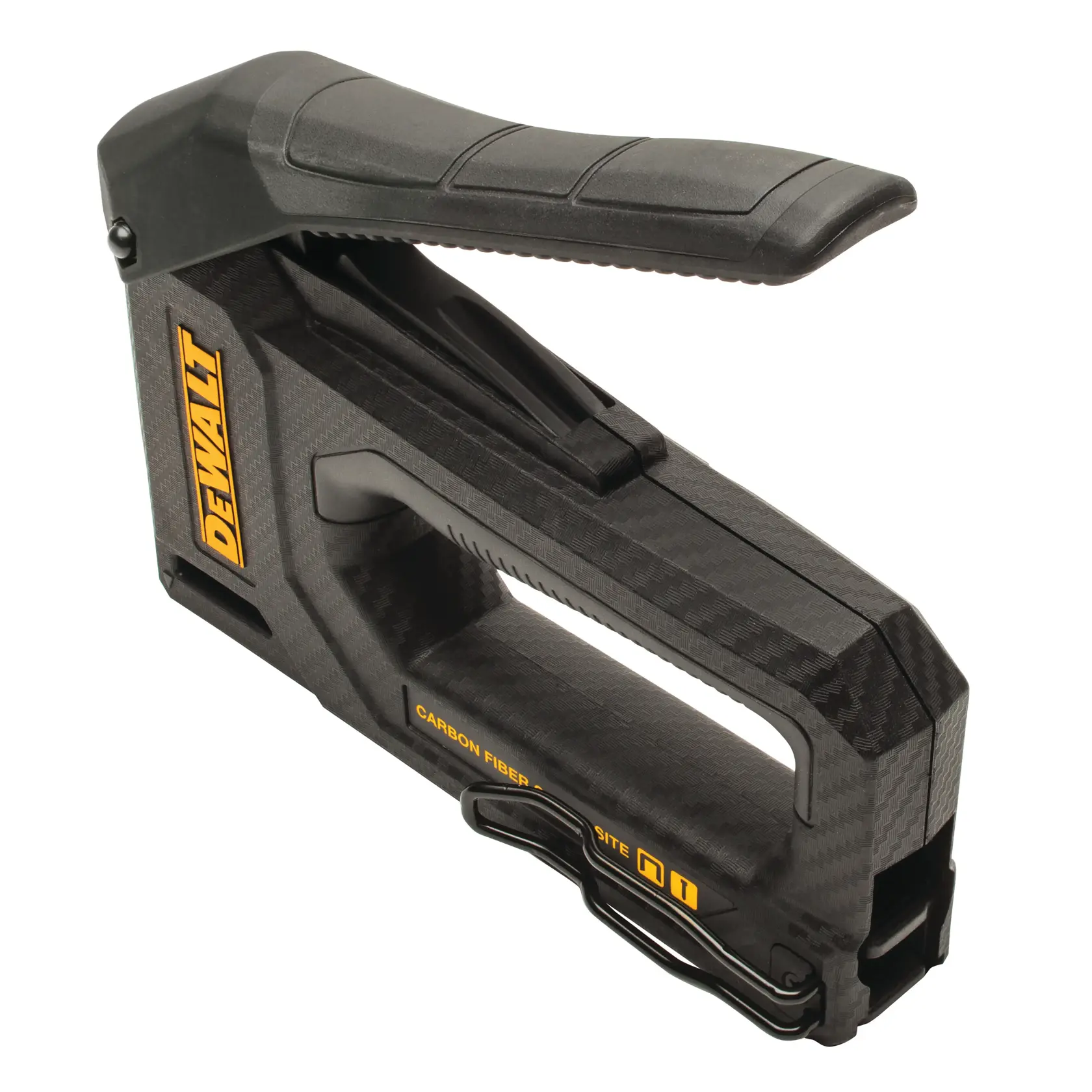 DEWALT Handtacker aus Carbonfaser mit ergonomischem Griff. Schwarz-gelbes Design, robust für Baustellen.