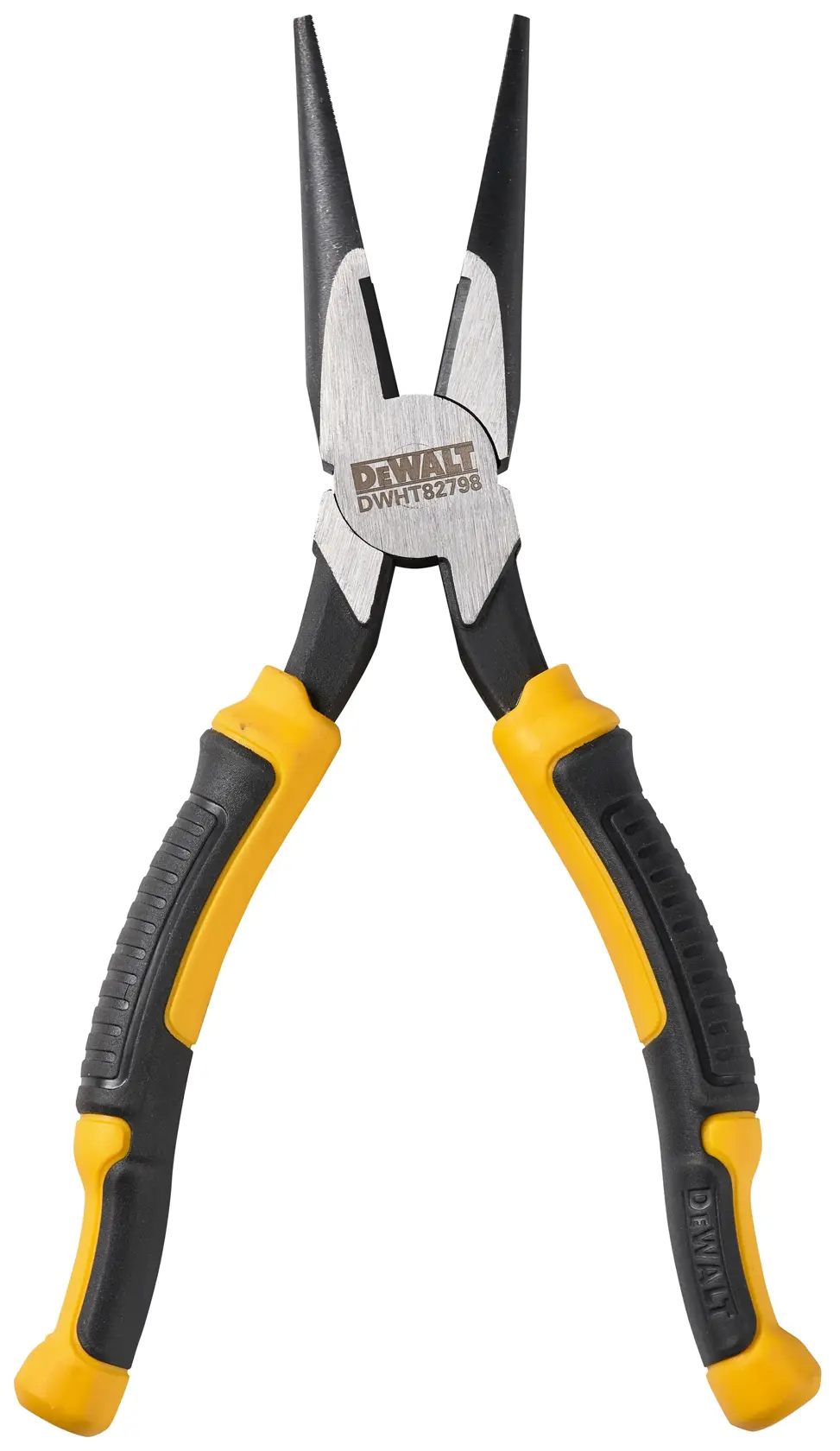 DEWALT long nose pliers with black and yellow ergonomic handles, SKU DWHT82798-0, shown on a white background.