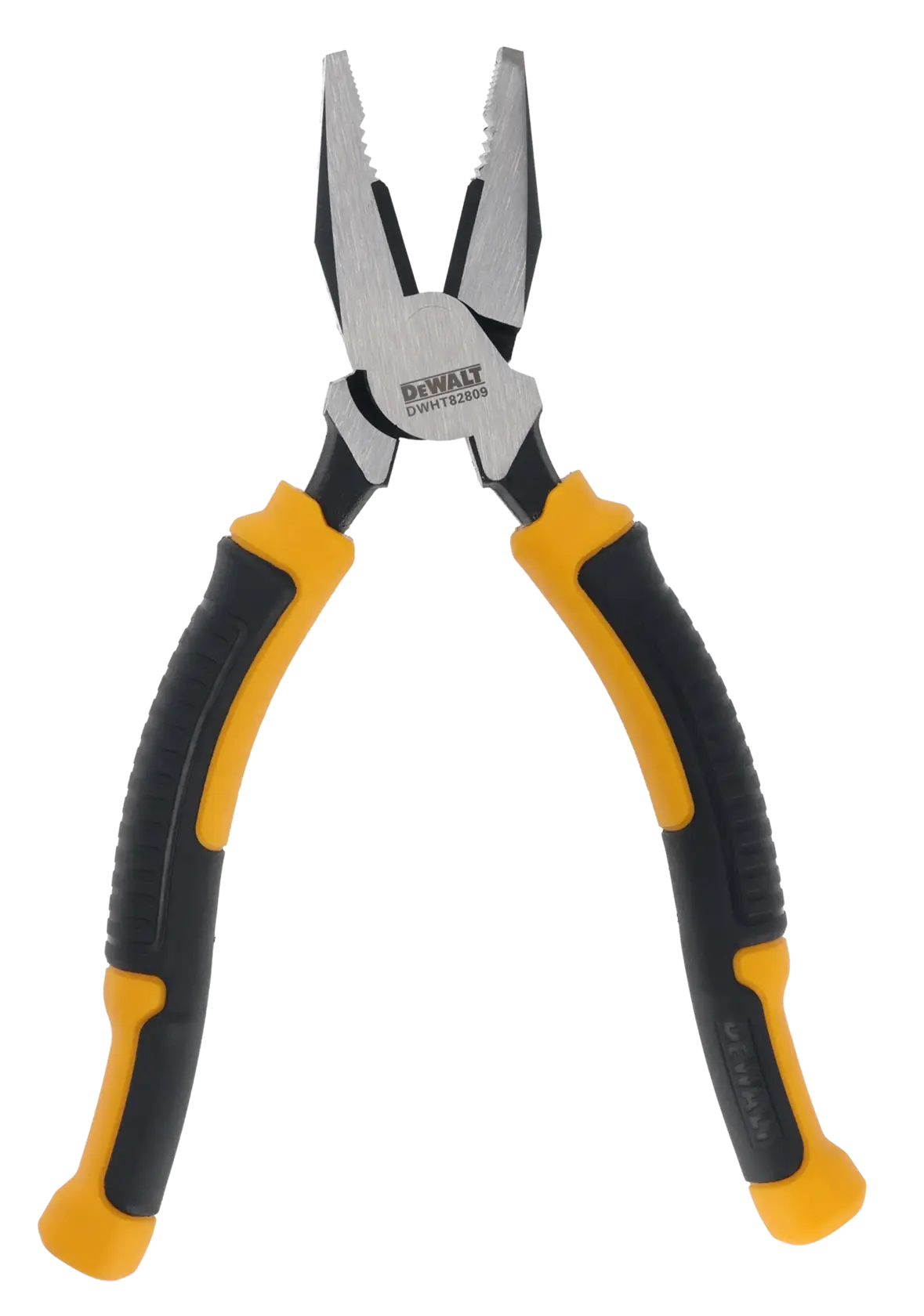 DEWALT pliers with yellow and black ergonomic handles, closed jaws, on a white background.