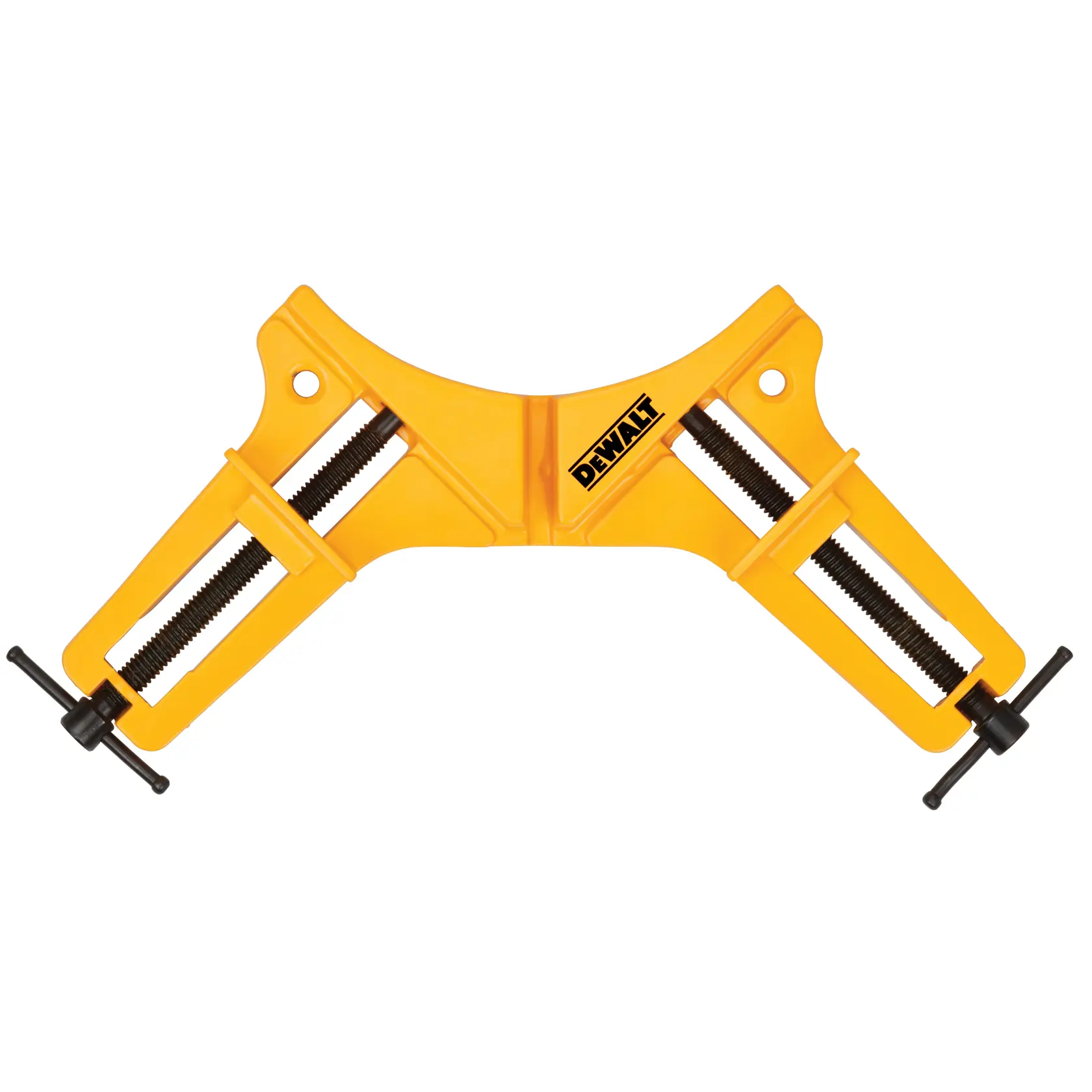 Sargento de esquina amarillo DEWALT con dos tornillos para carpintería o montaje, sobre fondo blanco.