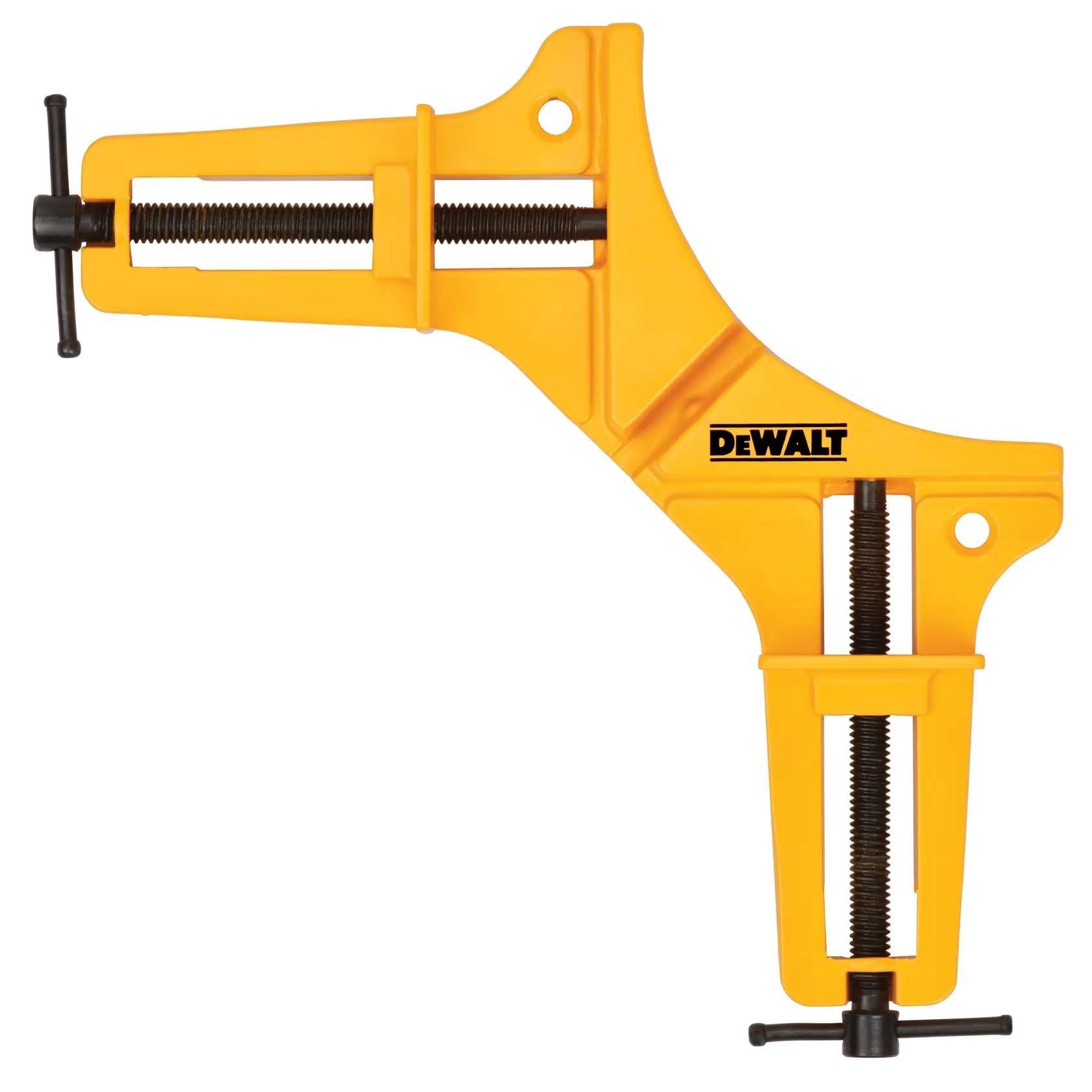 Pinza de esquina amarilla DEWALT con tornillos metálicos para fijar marcos de madera.