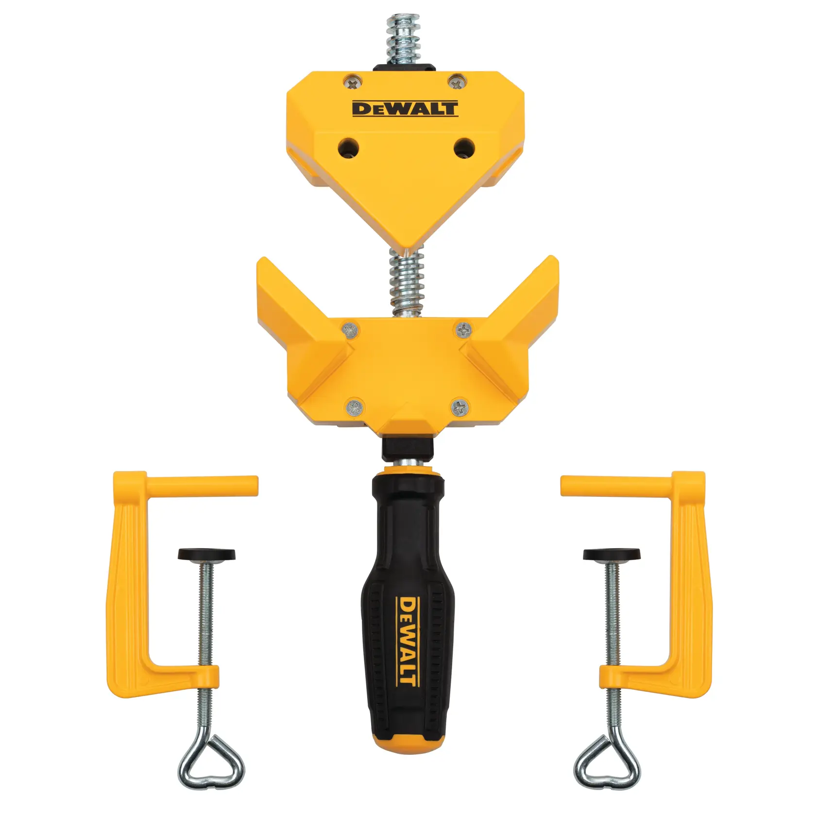 Pinza de esquina DEWALT amarilla y negra con dos soportes ajustables para carpintería.