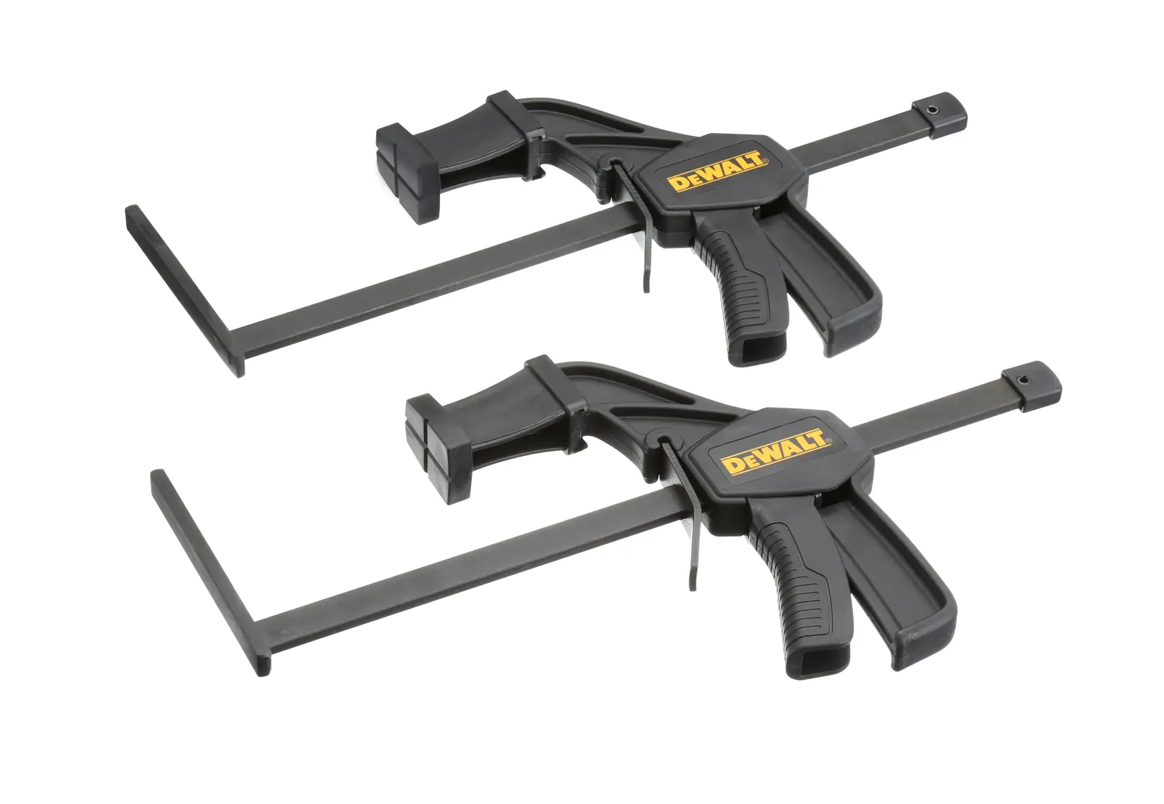 Dos guías de sujeción DEWALT, diseñadas para trabajos de carpintería y construcción precisos, se muestran una al lado de la otra sobre un fondo blanco.