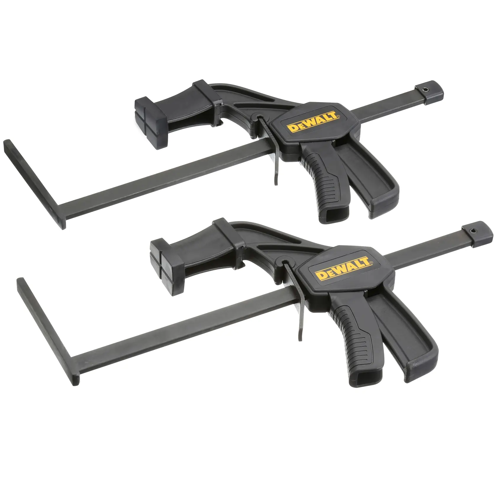 Dos abrazaderas DEWALT de liberación rápida negras para sujetar piezas en tareas de fotografía.