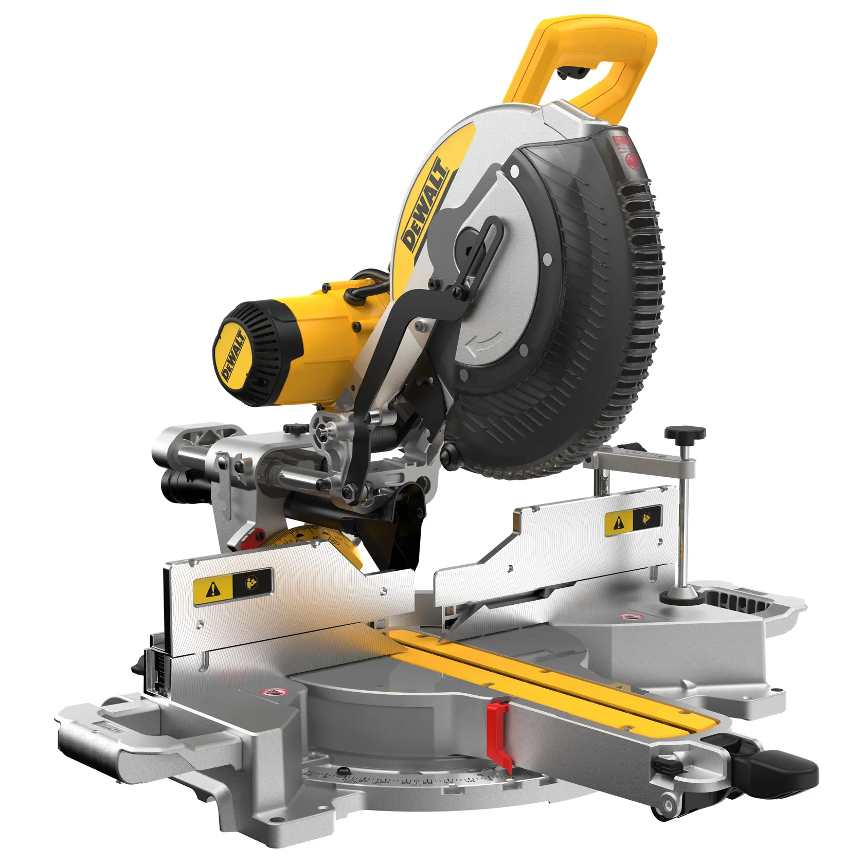 A DEWALT DWS780 sliding compound miter saw with a yellow and black design, featuring a circular blade, dust collection bag, and adjustable fence on a metal base.