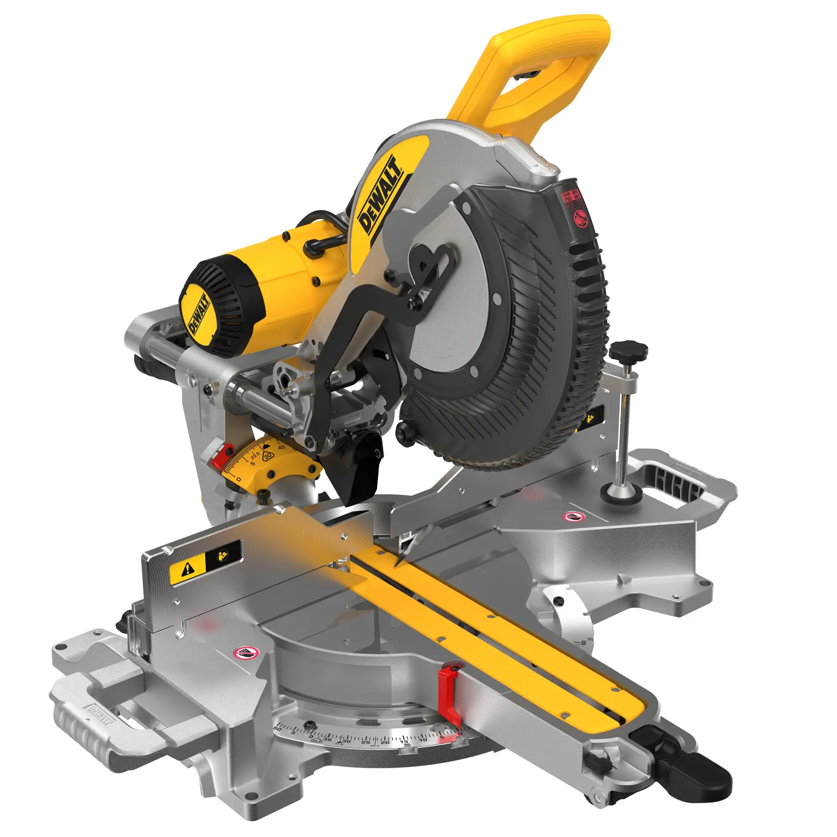 DEWALT DWS780, DWS780KIT miter saw used by worker cutting wood at construction site. Photography category.